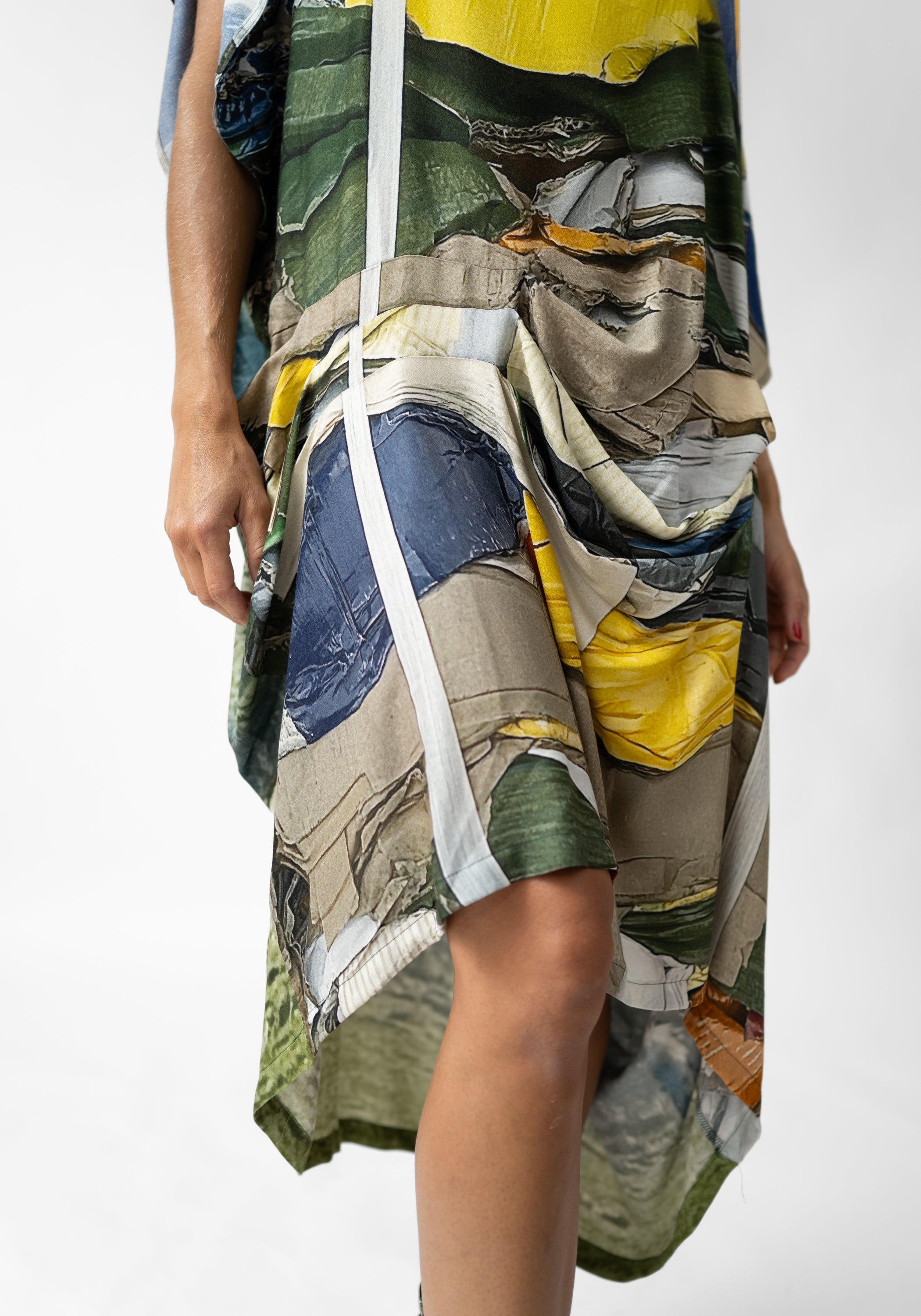 Textile Print Oversized Draped Front Wool Blend Dress