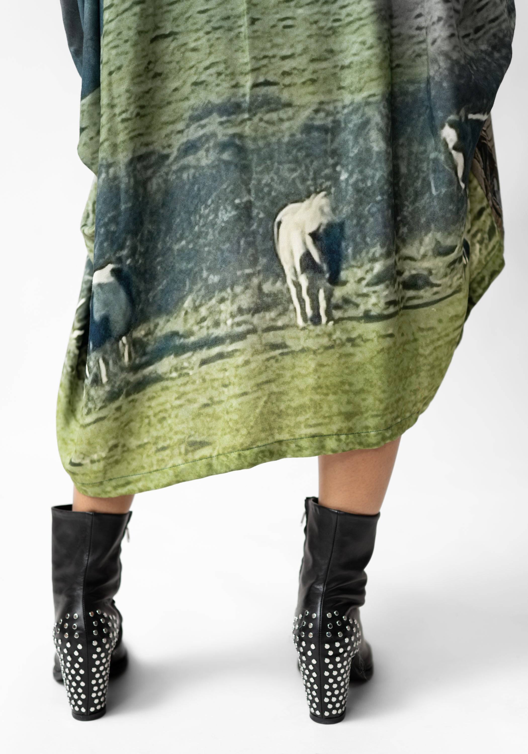 Textile Print Oversized Draped Front Wool Blend Dress