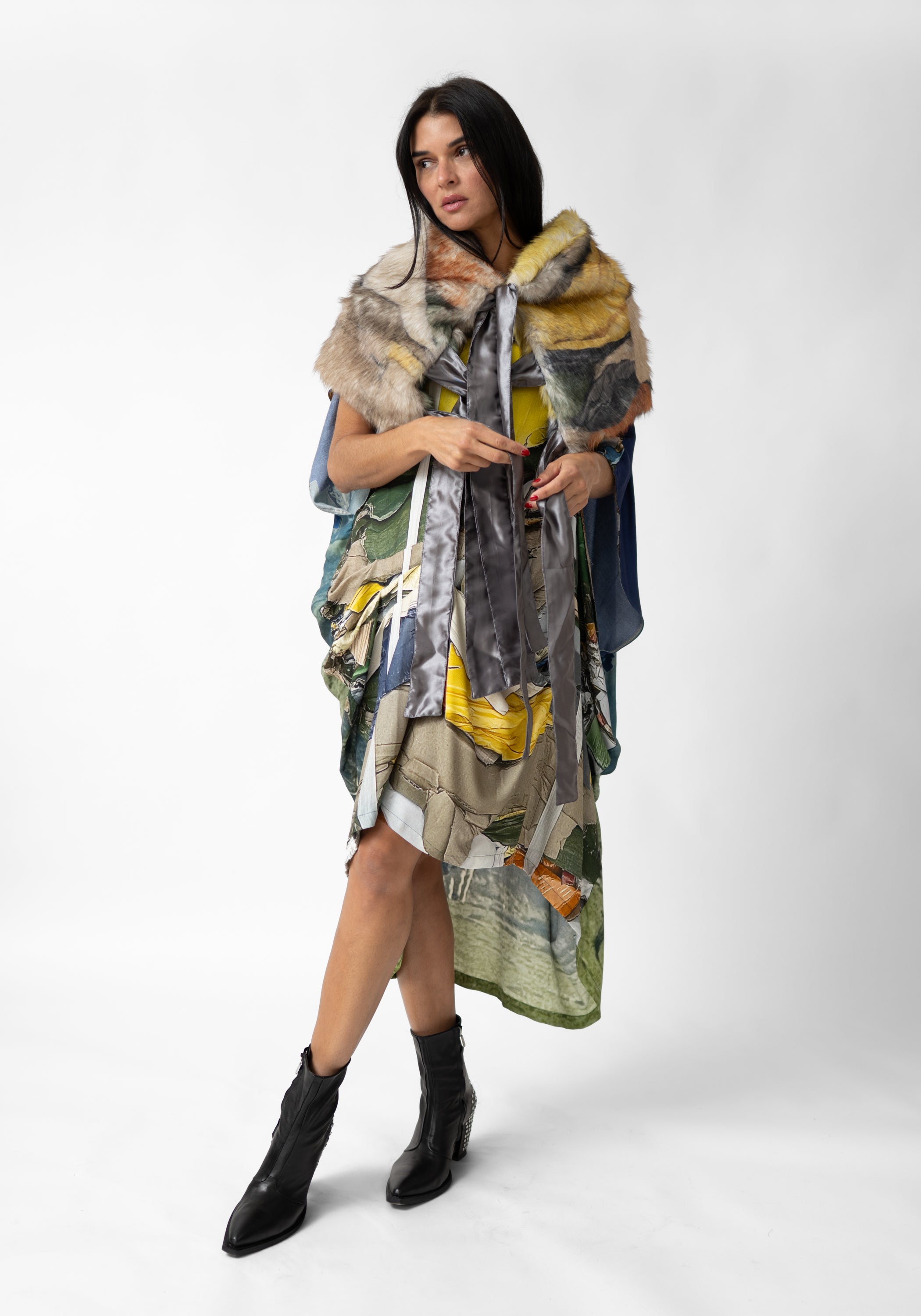 Textile Print Oversized Draped Front Wool Blend Dress