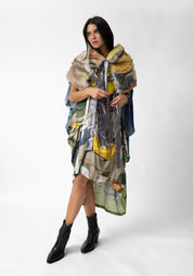Textile Print Faux Fur Tie Shrug