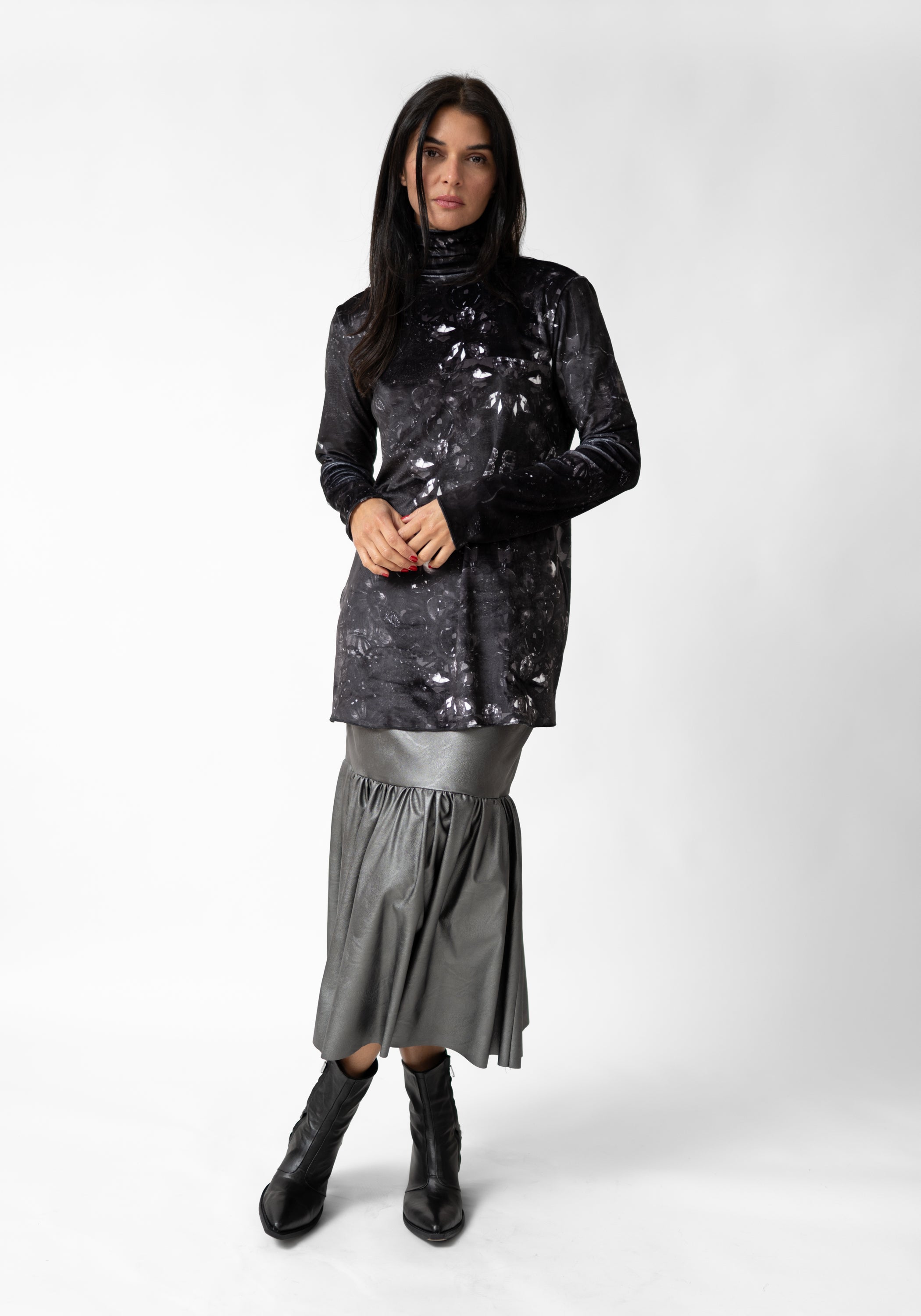 Dark Gems Print High Neck Velvet Top