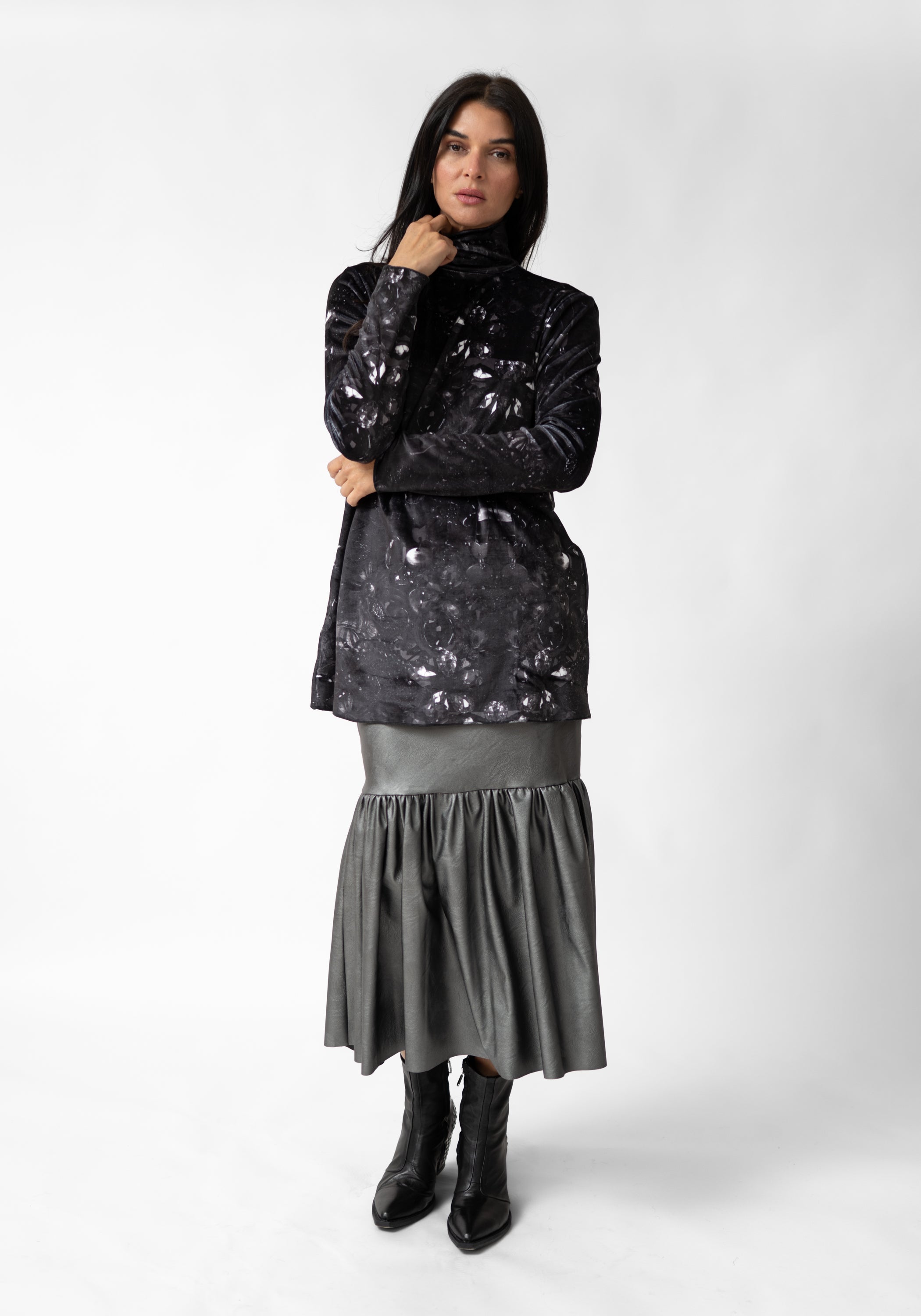 Gathered Hem Faux Leather Maxi Skirt