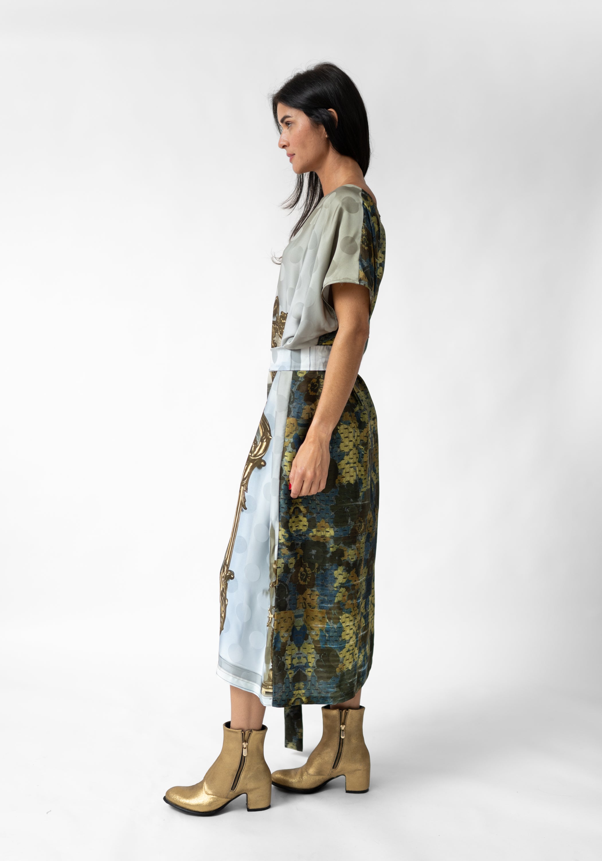 Mirror and Floral Print Oversized Tie Waist Tube Dress