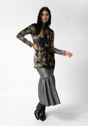 Florals and Grass Print High Neck Velvet Top