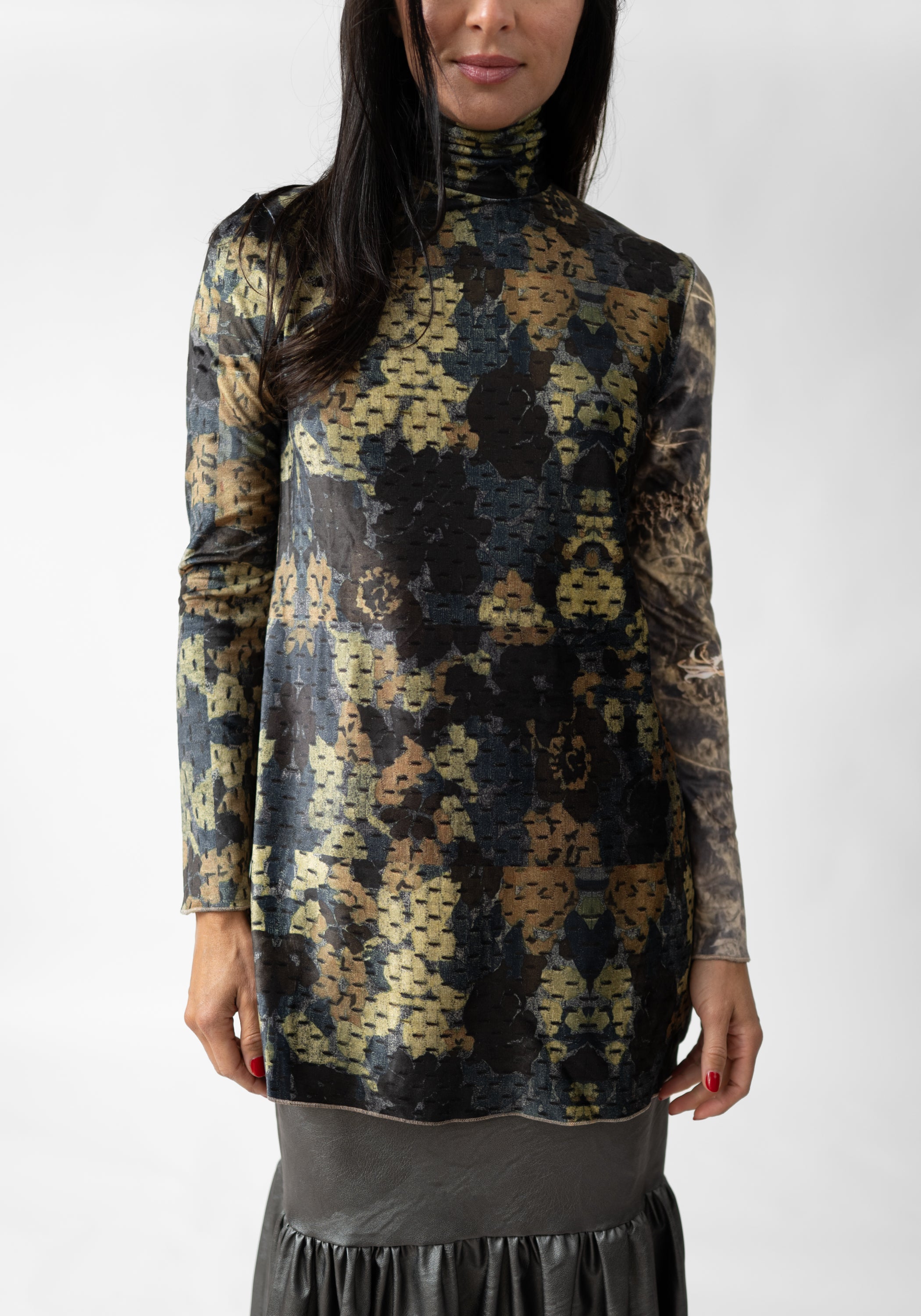 Florals and Grass Print High Neck Velvet Top