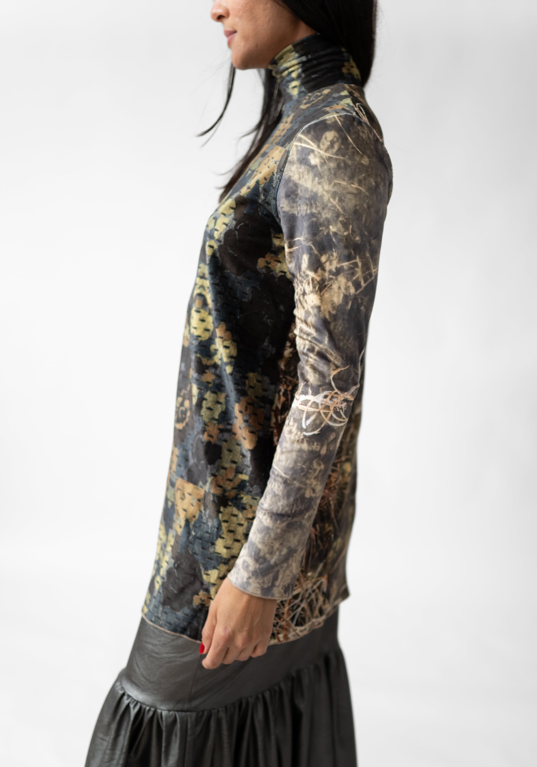 Florals and Grass Print High Neck Velvet Top