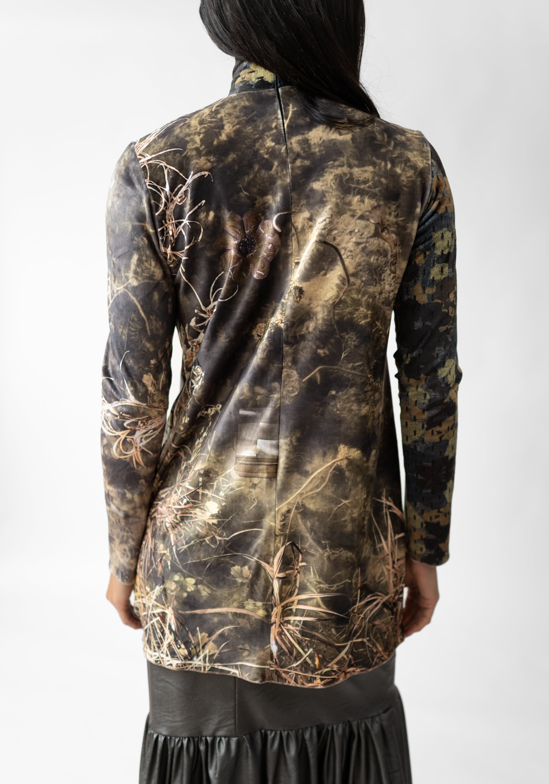 Florals and Grass Print High Neck Velvet Top