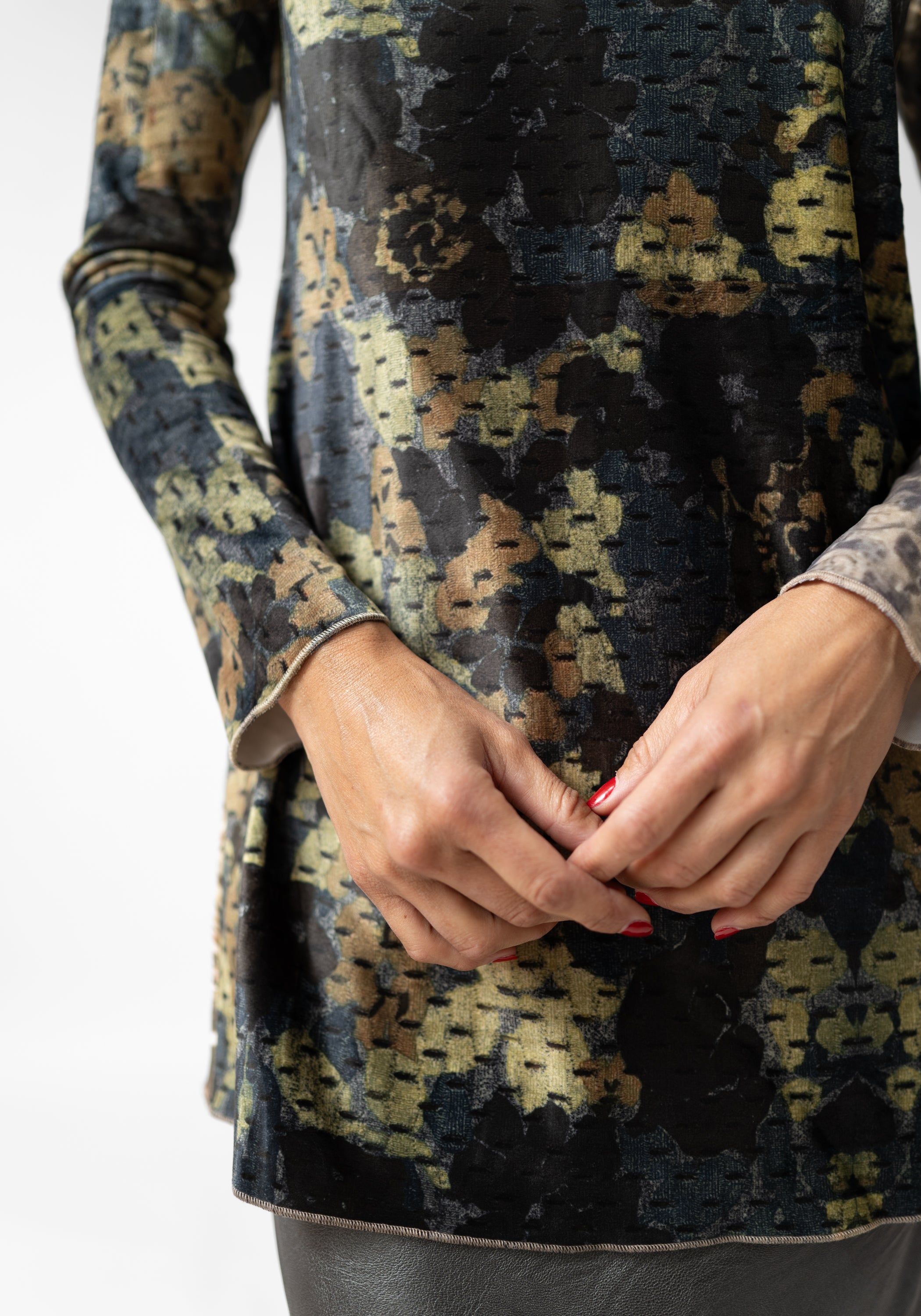 Florals and Grass Print High Neck Velvet Top
