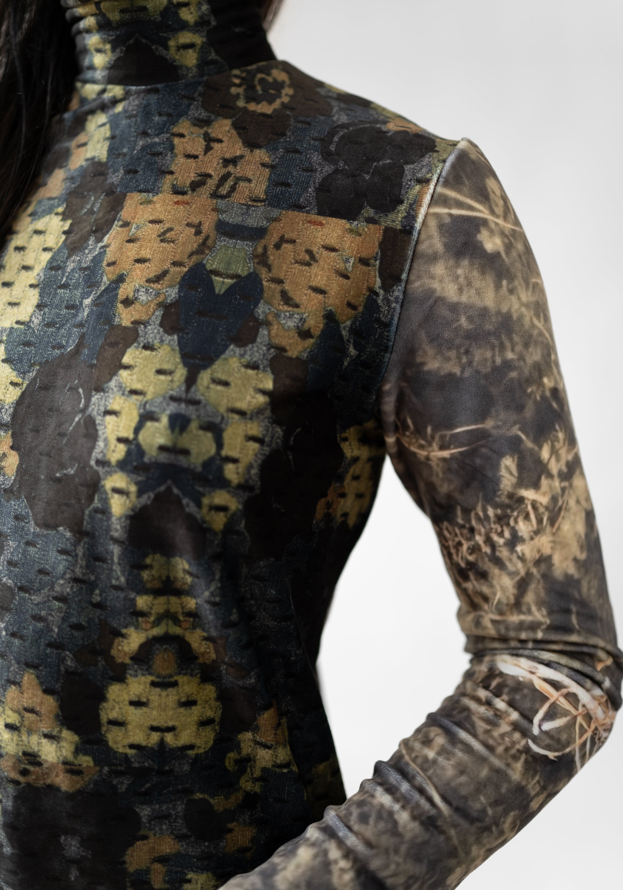 Florals and Grass Print High Neck Velvet Top
