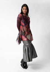 Florals Print High Neck Asymmetric Mesh Top