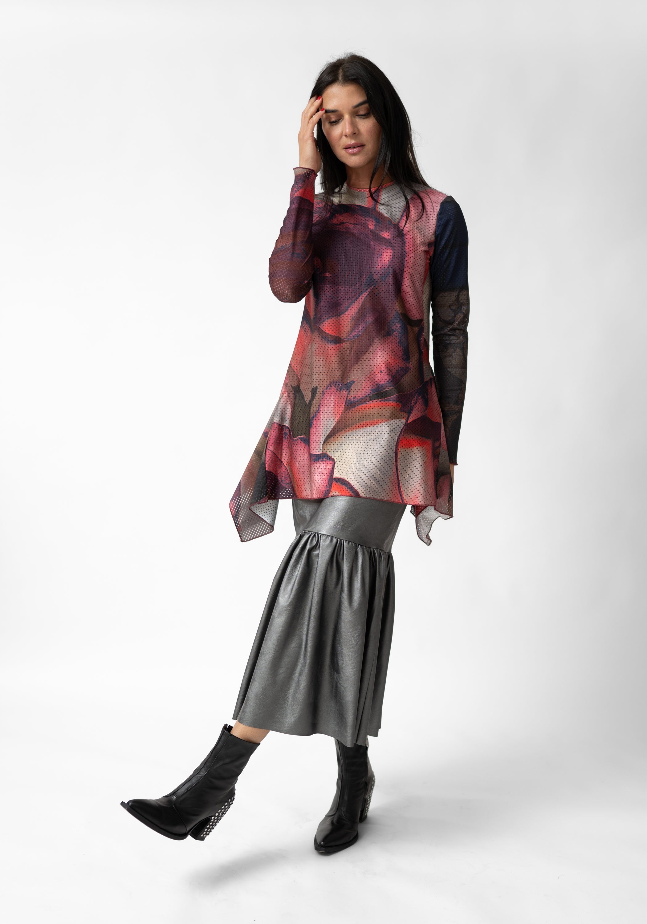 Florals Print High Neck Asymmetric Mesh Top