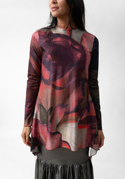 Florals Print High Neck Asymmetric Mesh Top