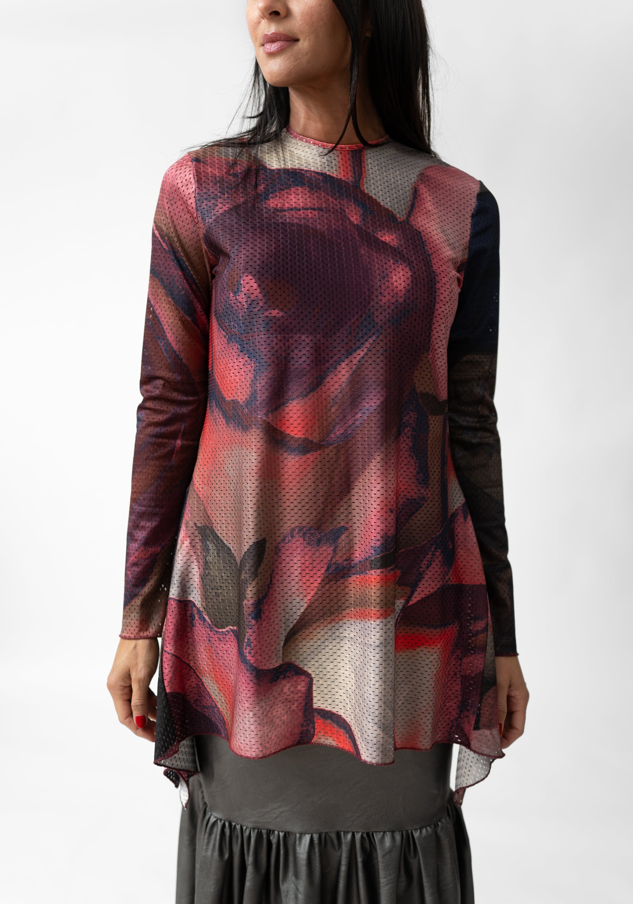 Florals Print High Neck Asymmetric Mesh Top