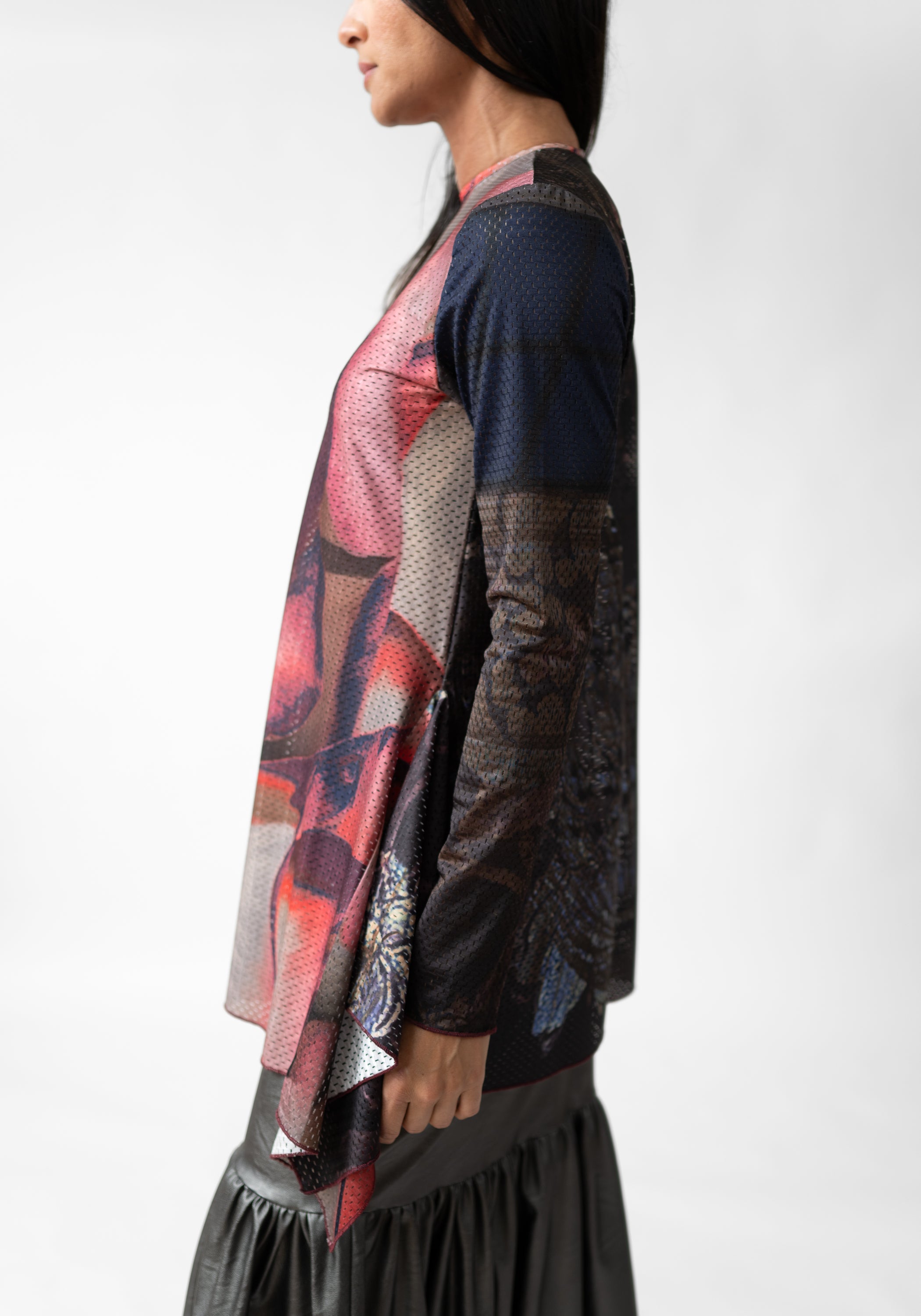 Florals Print High Neck Asymmetric Mesh Top