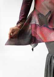 Florals Print High Neck Asymmetric Mesh Top