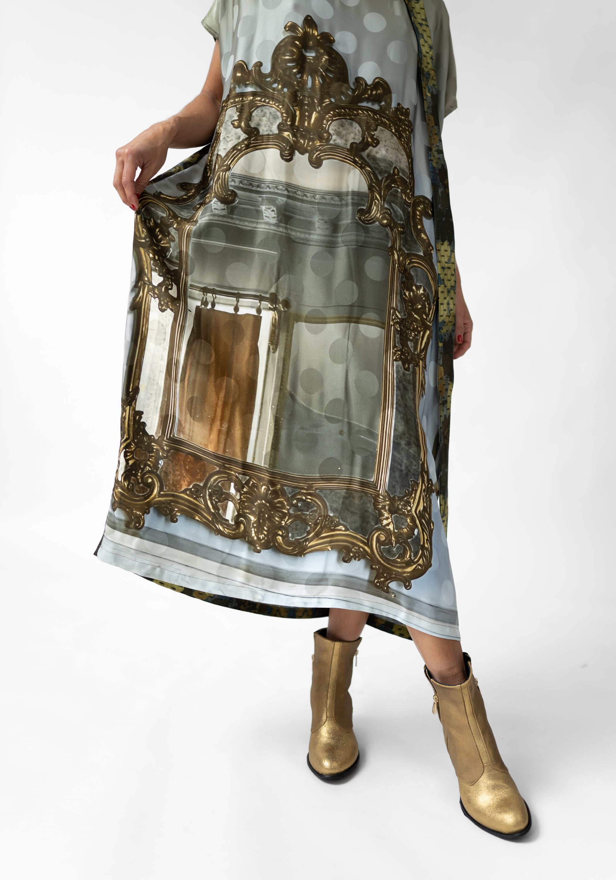 Mirror and Floral Print Oversized Tie Waist Tube Dress