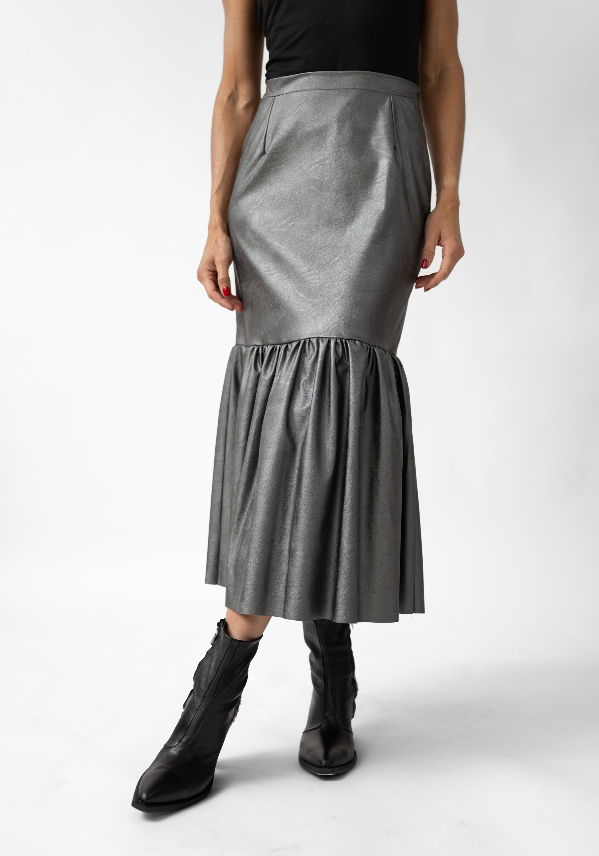 Gathered Hem Faux Leather Maxi Skirt