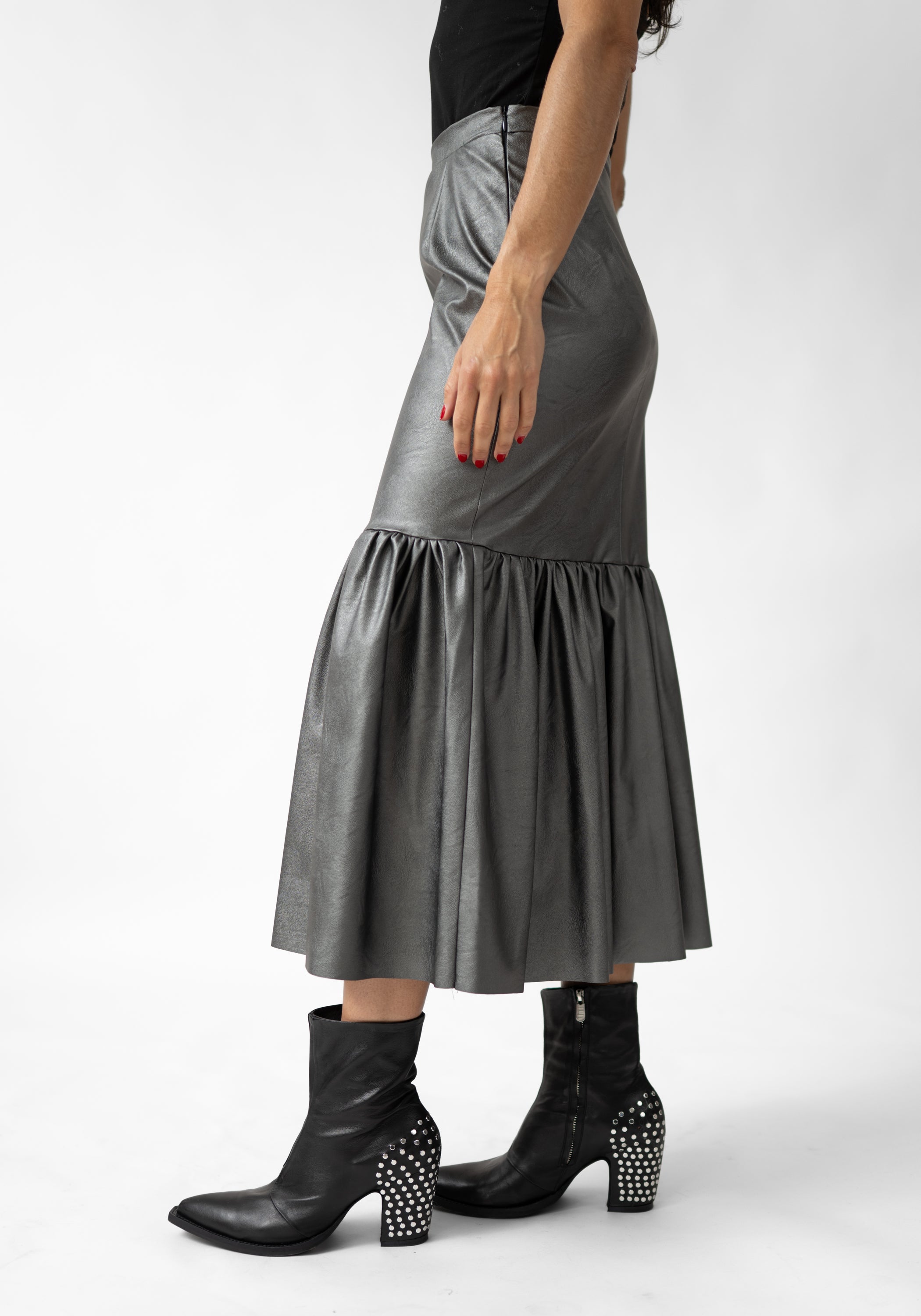 Gathered Hem Faux Leather Maxi Skirt