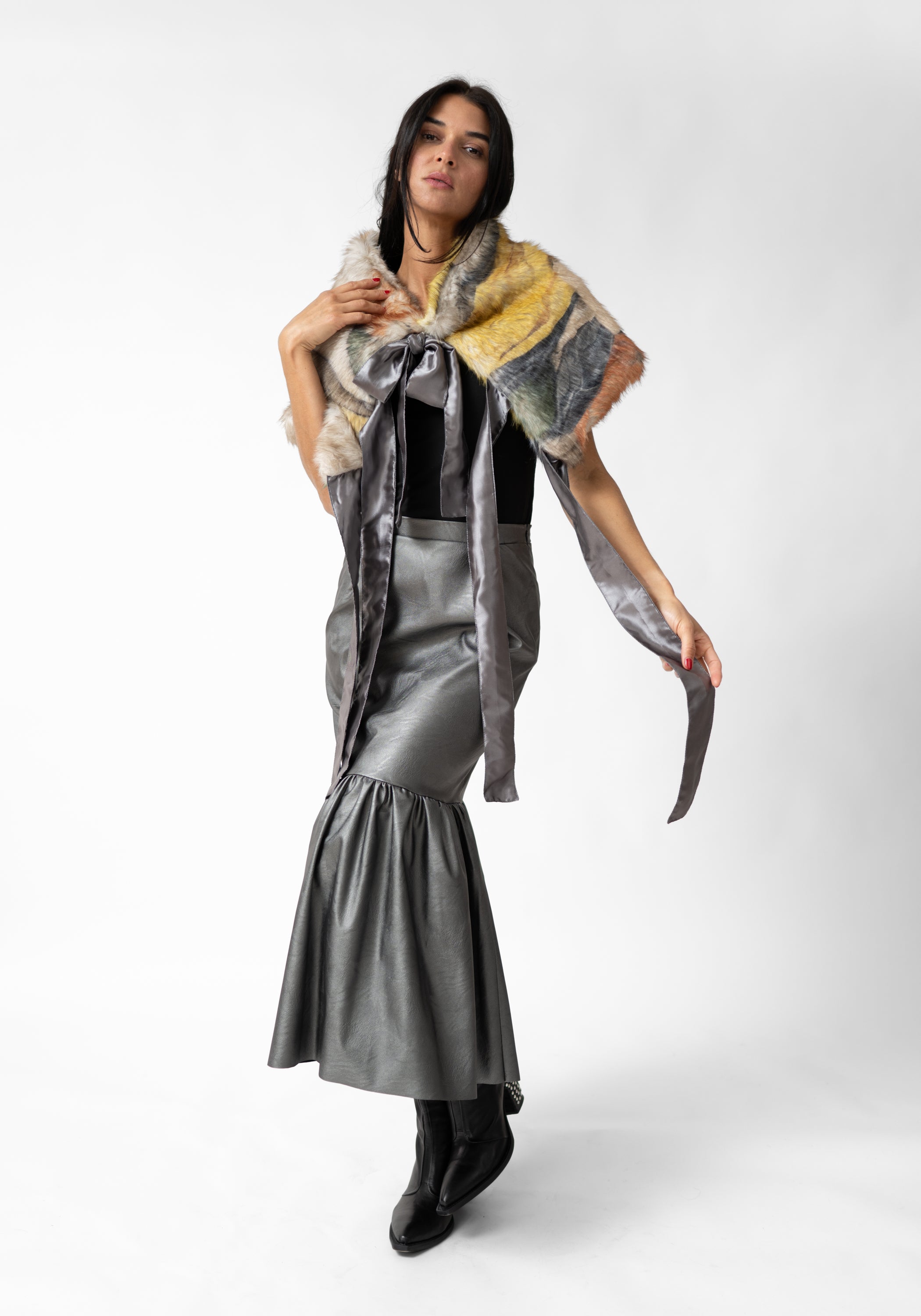 Textile Print Faux Fur Tie Shrug