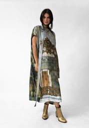 Mirror and Floral Print Oversized Tie Waist Tube Dress