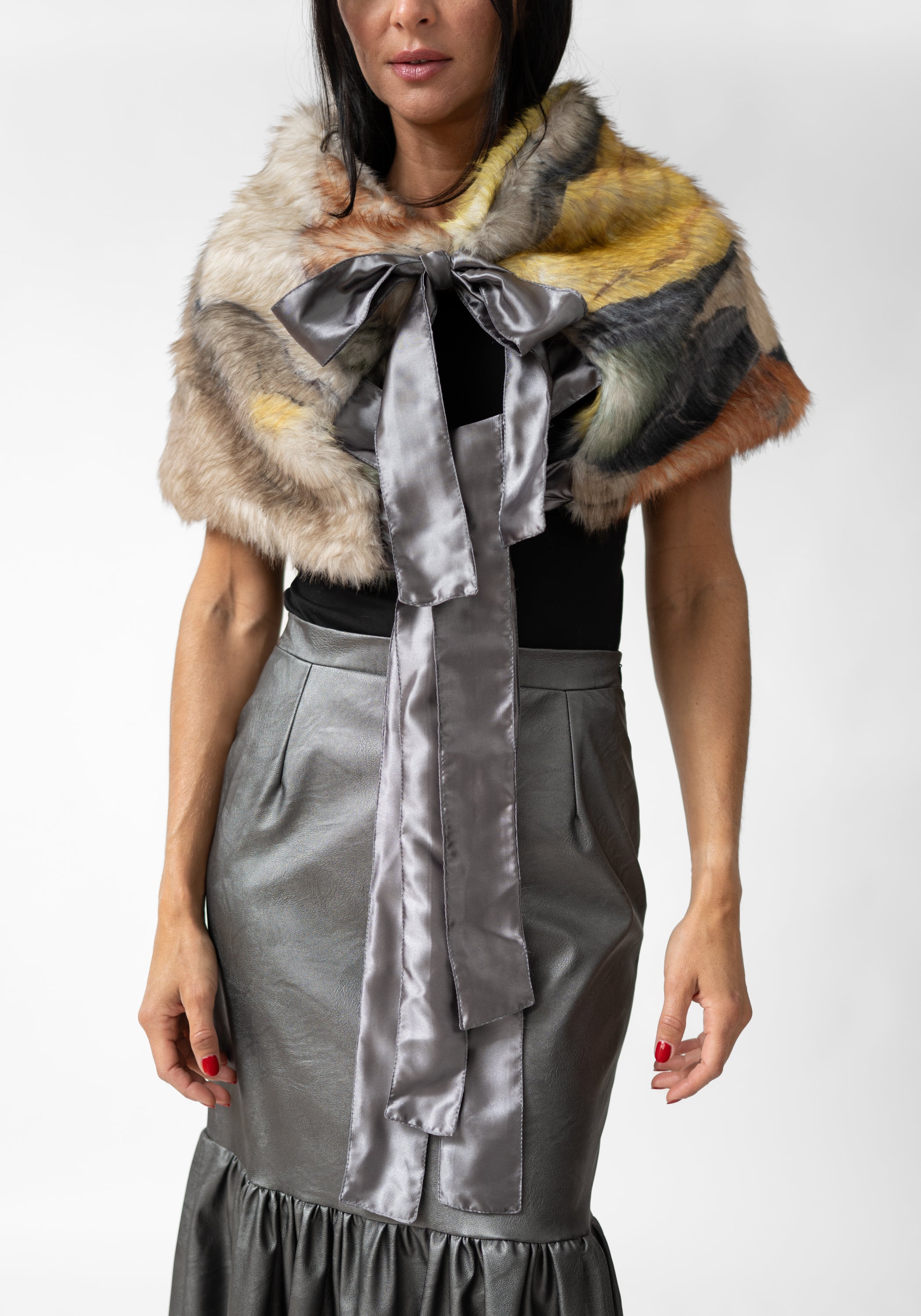 Textile Print Faux Fur Tie Shrug