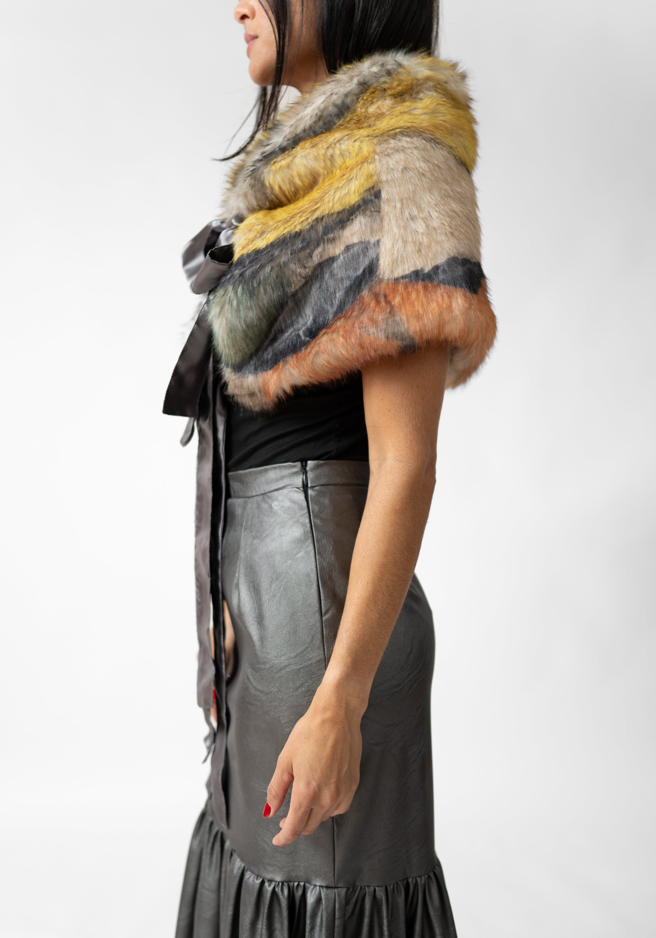Textile Print Faux Fur Tie Shrug