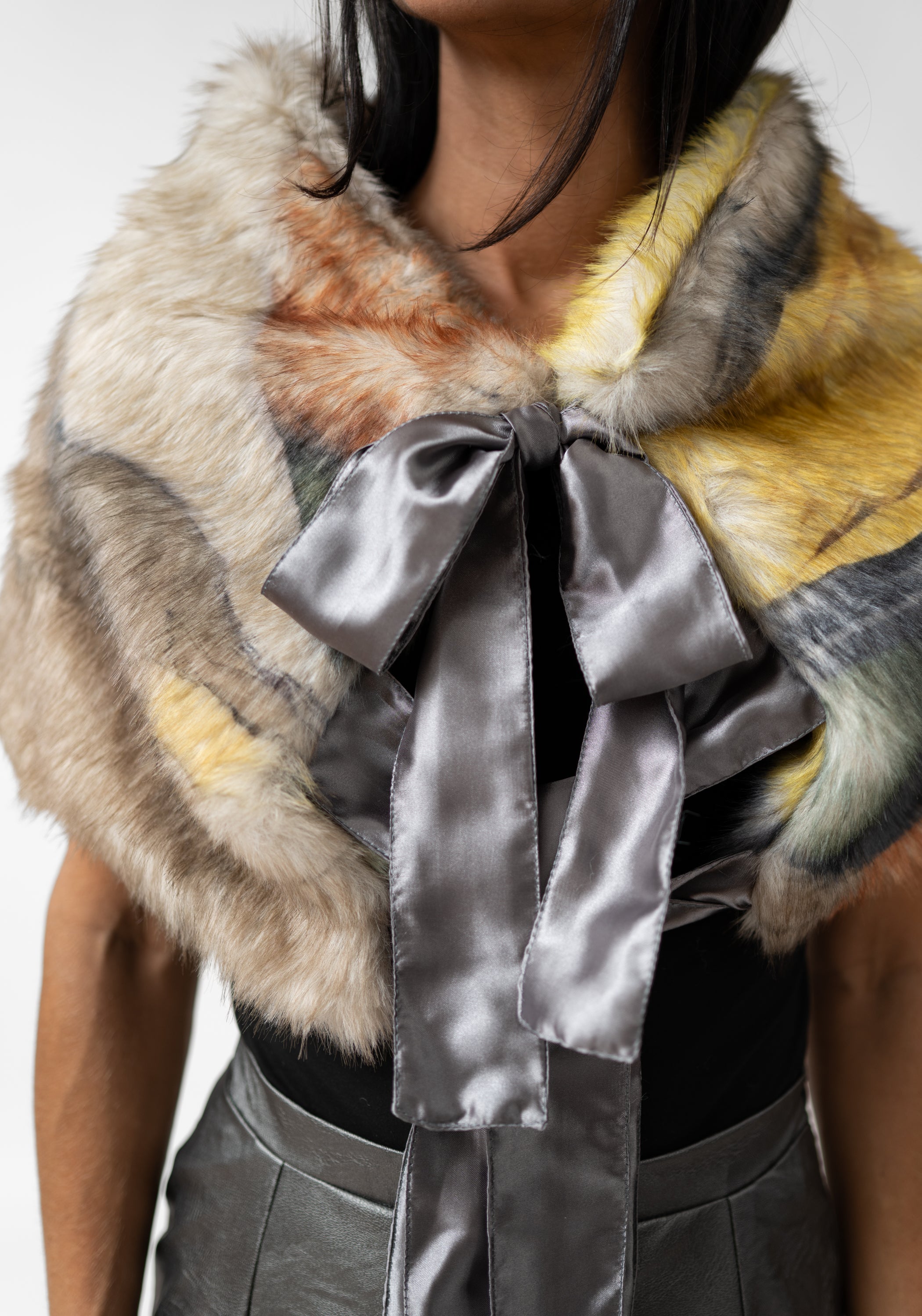 Textile Print Faux Fur Tie Shrug