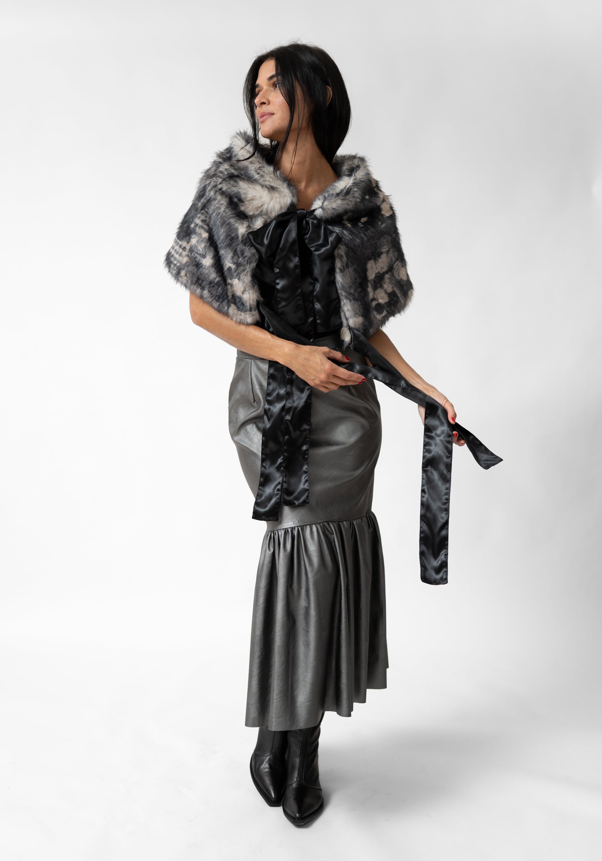 Plaid Print Faux Fur Tie Shrug