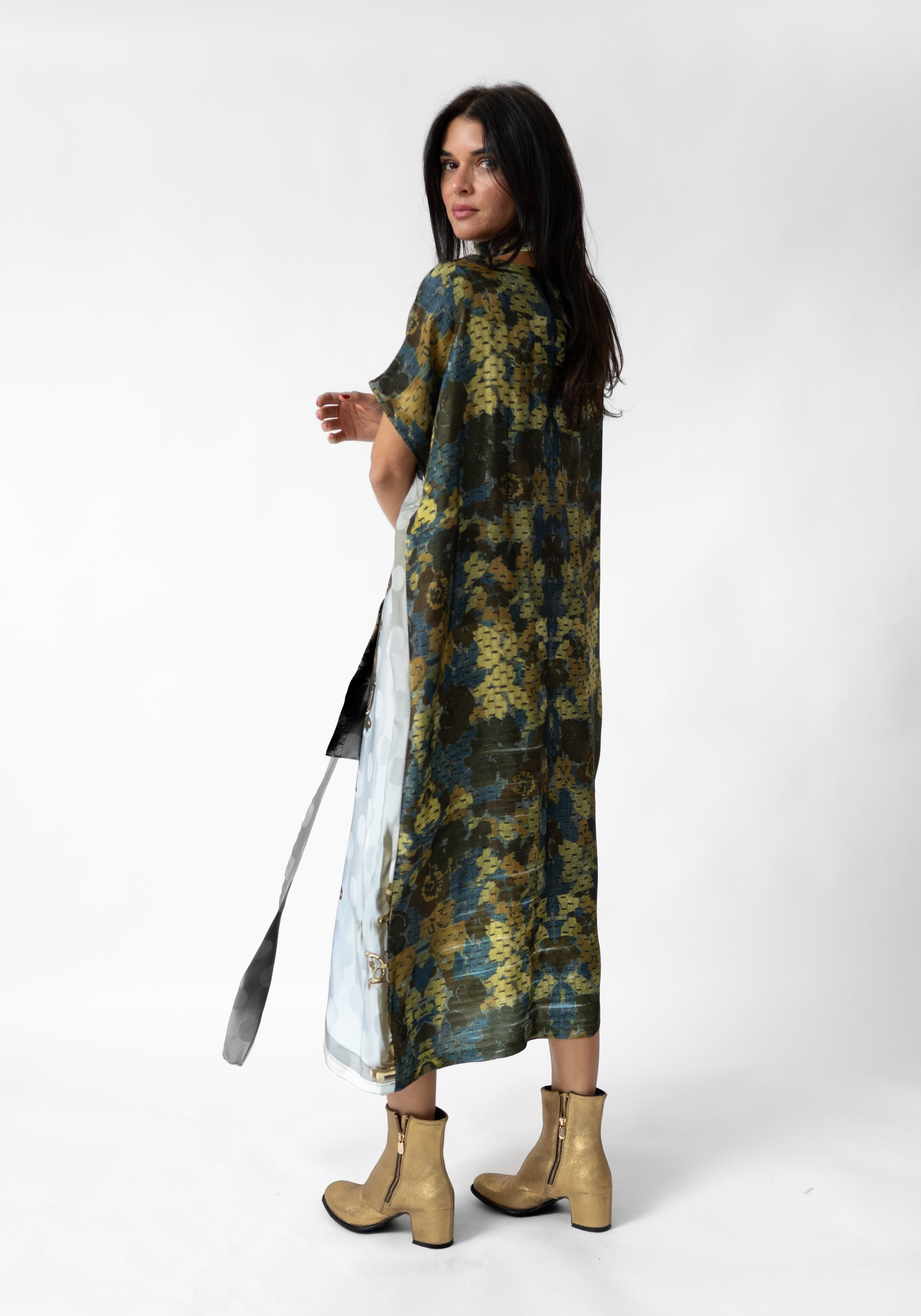 Mirror and Floral Print Oversized Tie Waist Tube Dress
