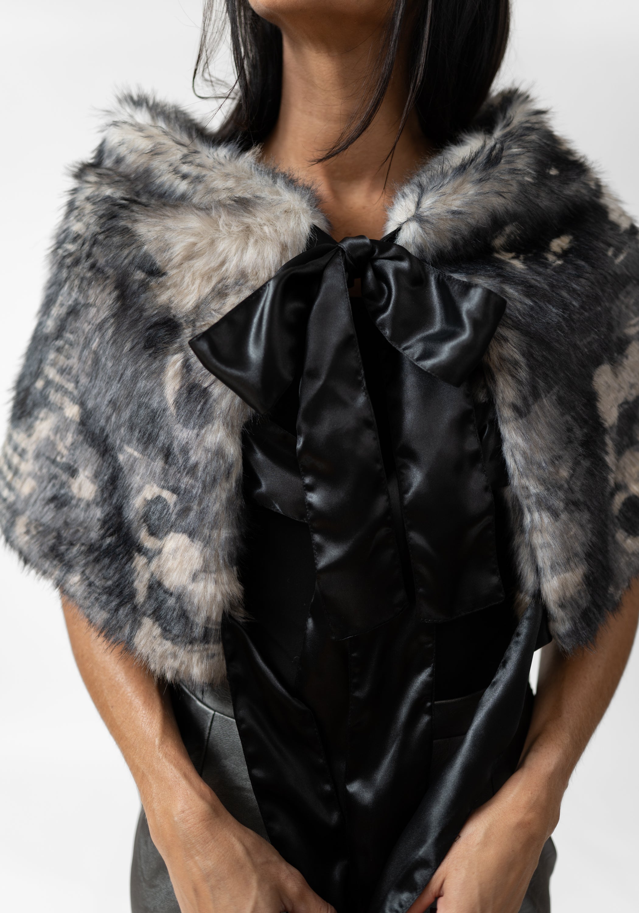 Plaid Print Faux Fur Tie Shrug