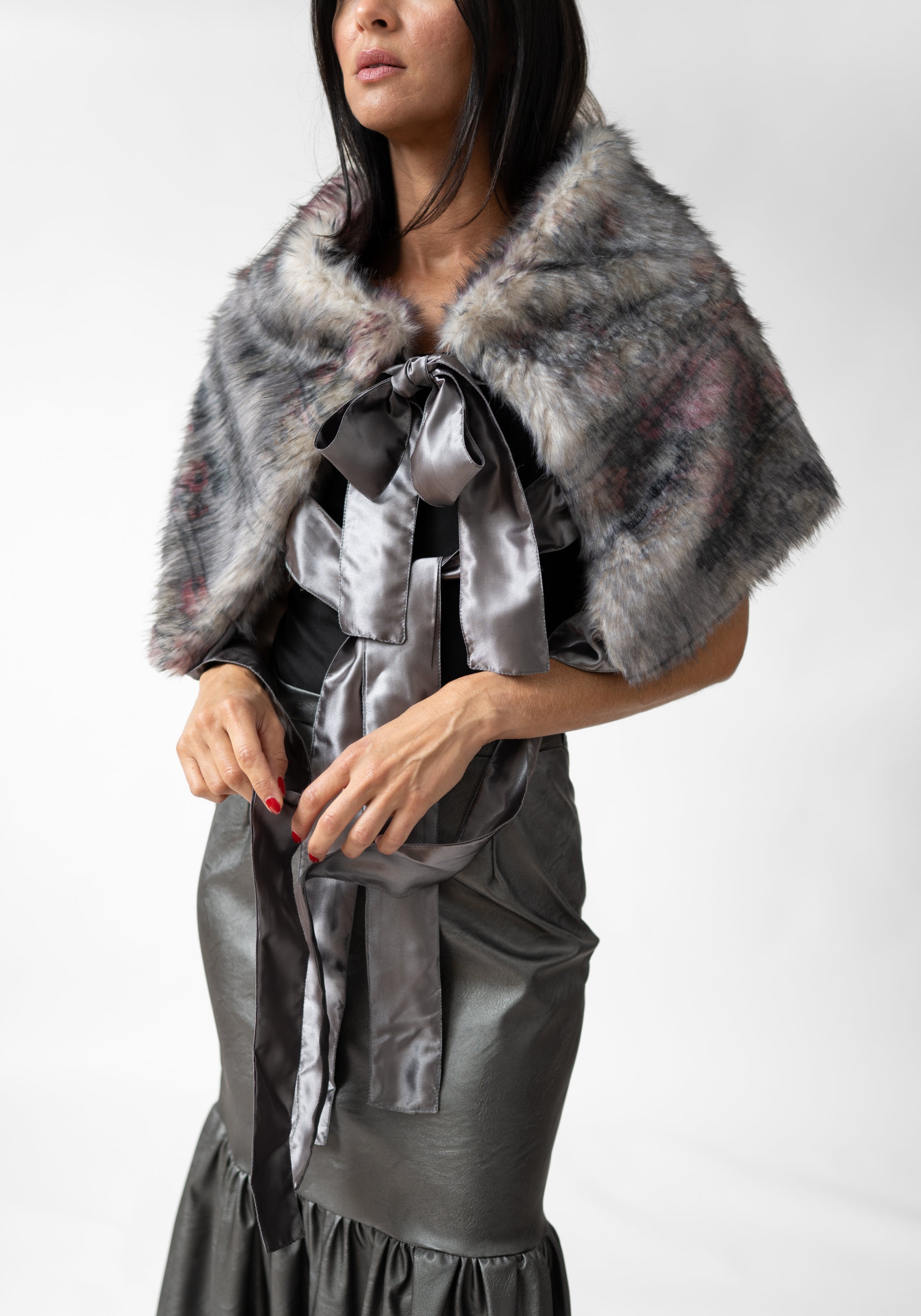 Dark Florals Print Faux Fur Tie Shrug