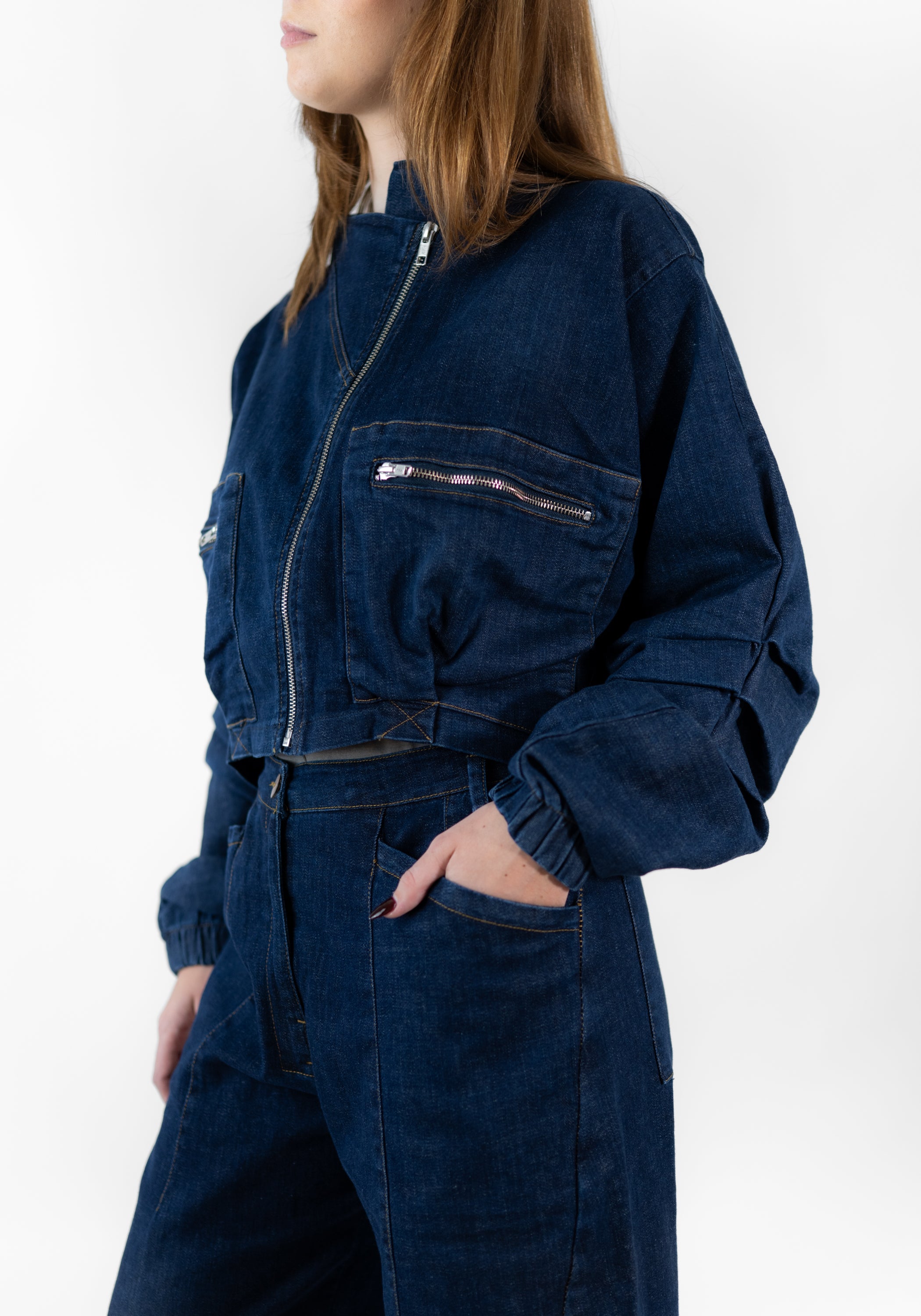 Gathered Sleeve Cropped Denim Jacket