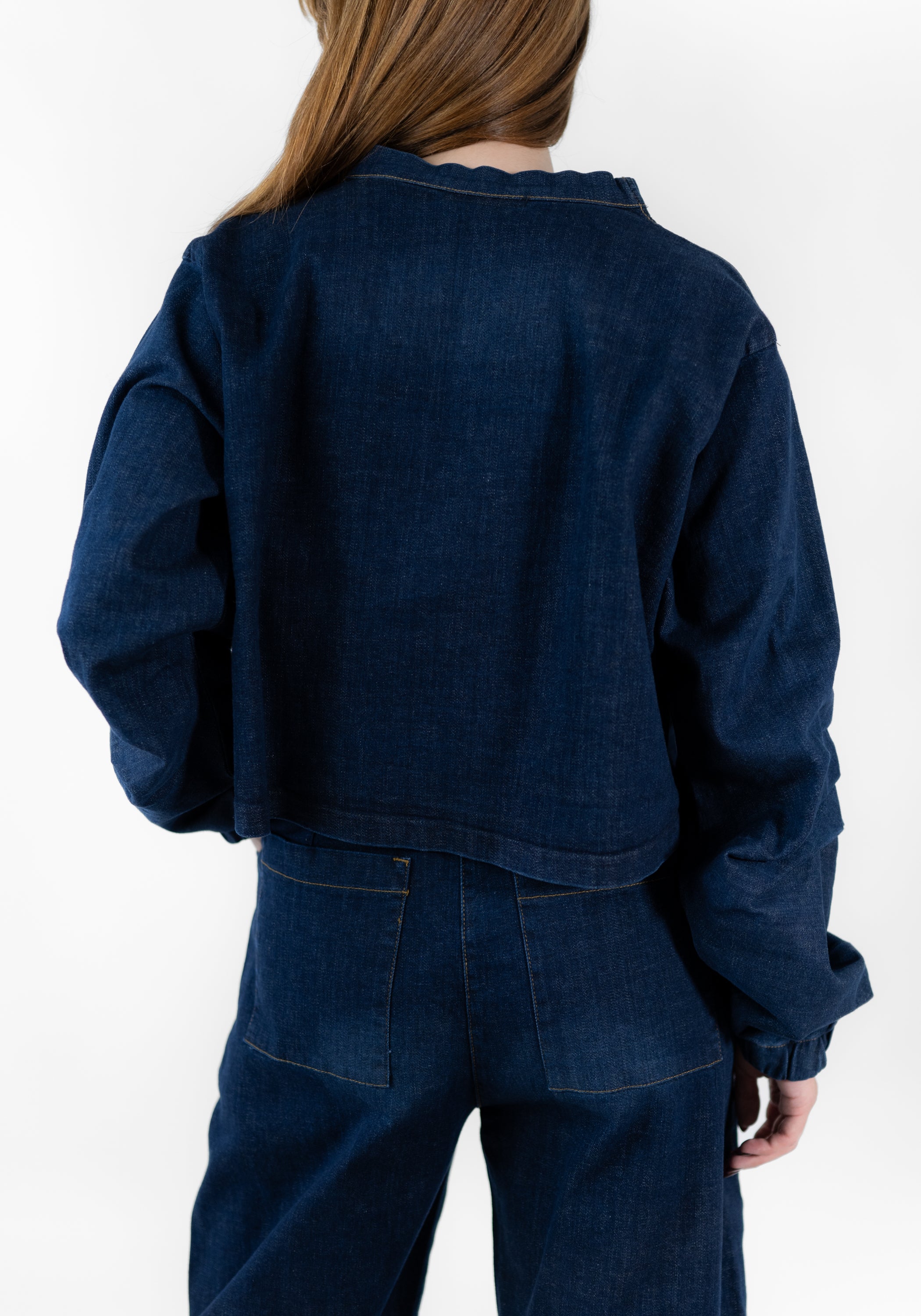 Gathered Sleeve Cropped Denim Jacket