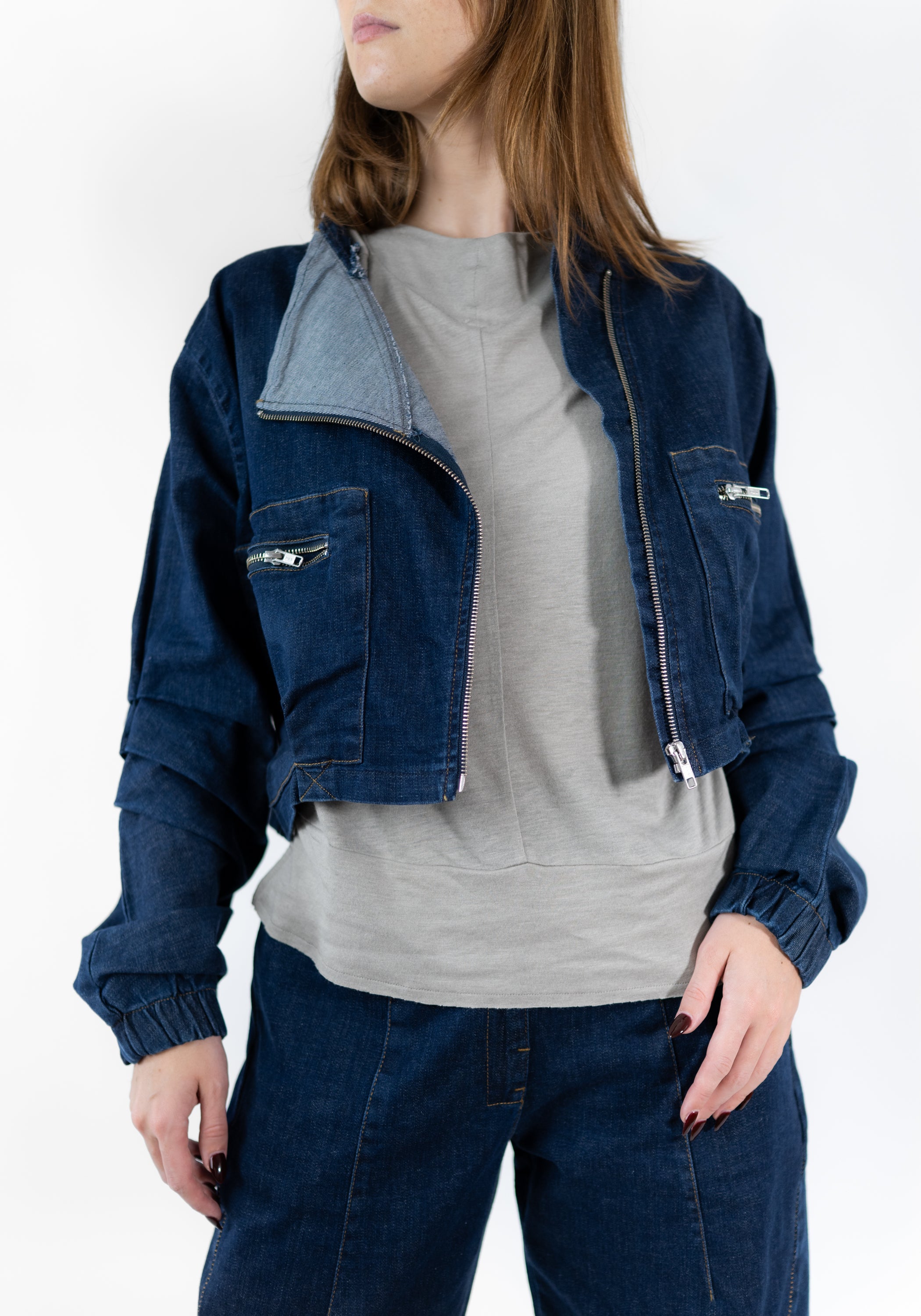 Gathered Sleeve Cropped Denim Jacket
