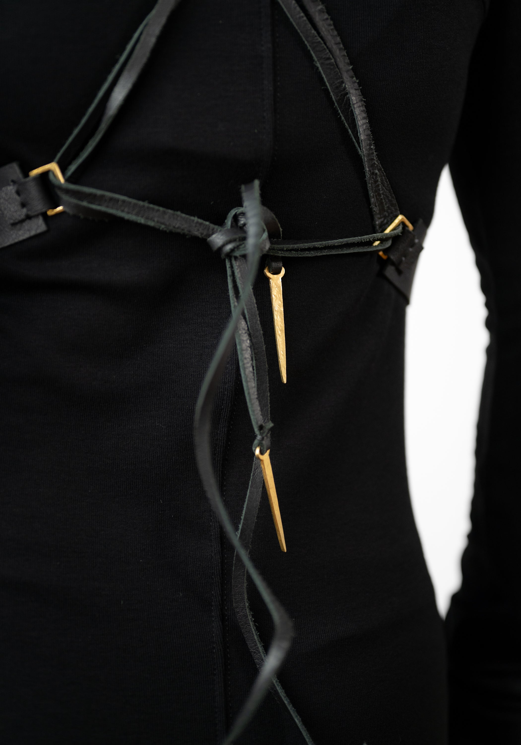Leather and Bronze Tie Back Harness