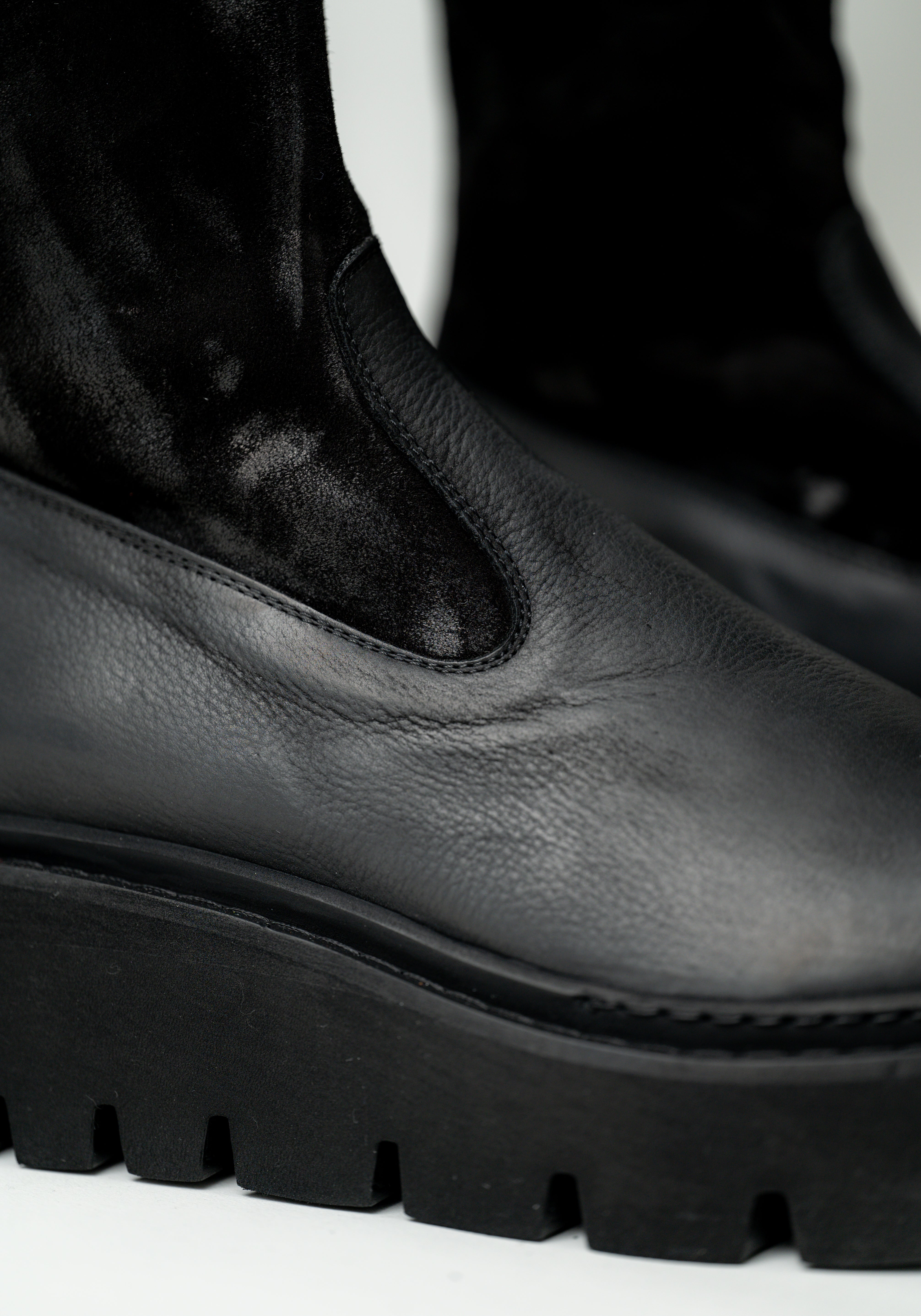 Leather and Distressed Suede Sock Boot