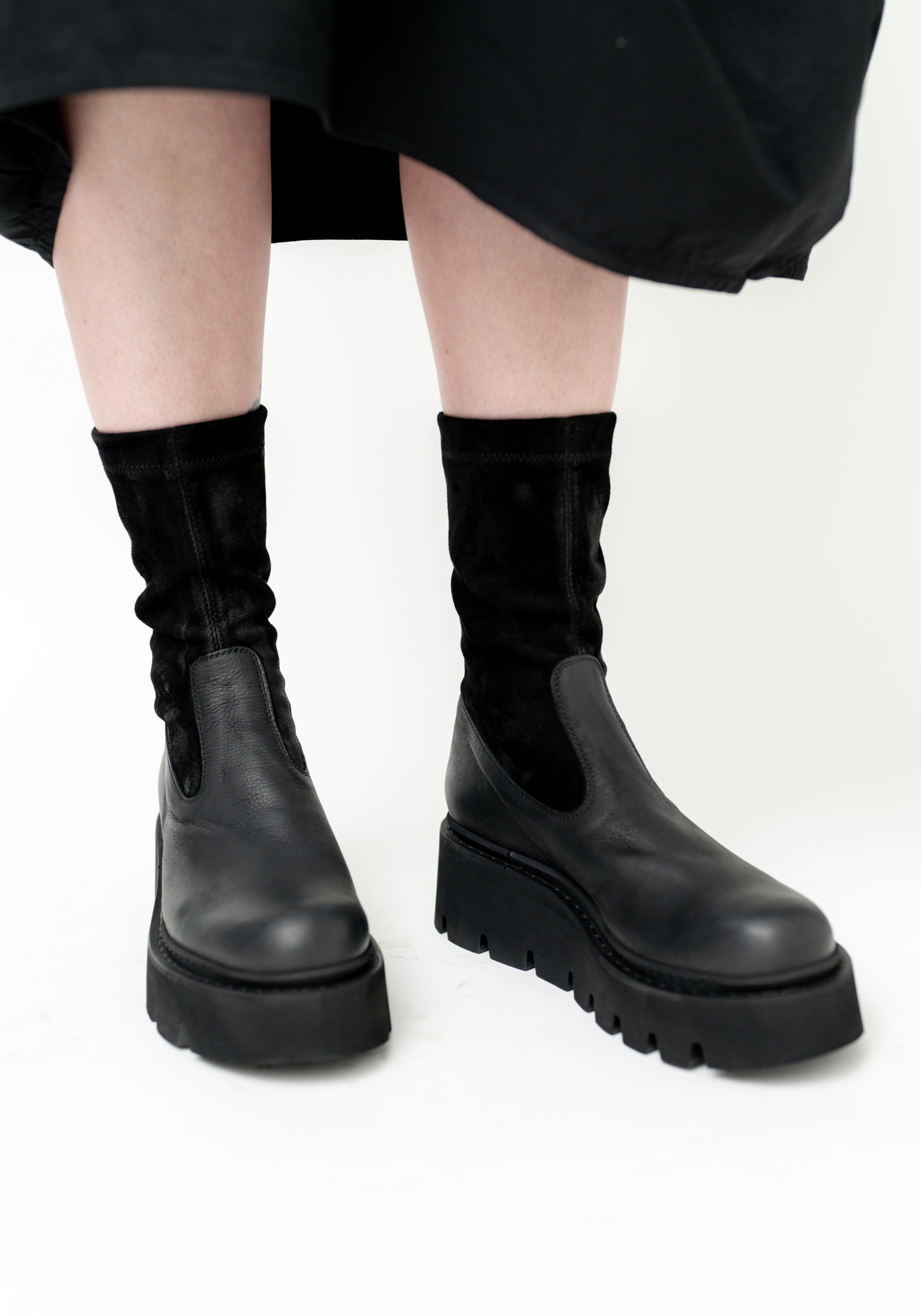 Leather and Distressed Suede Sock Boot