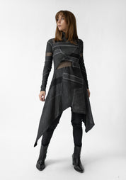 High Neck Asymmetric Paneled Knit Detail Dress