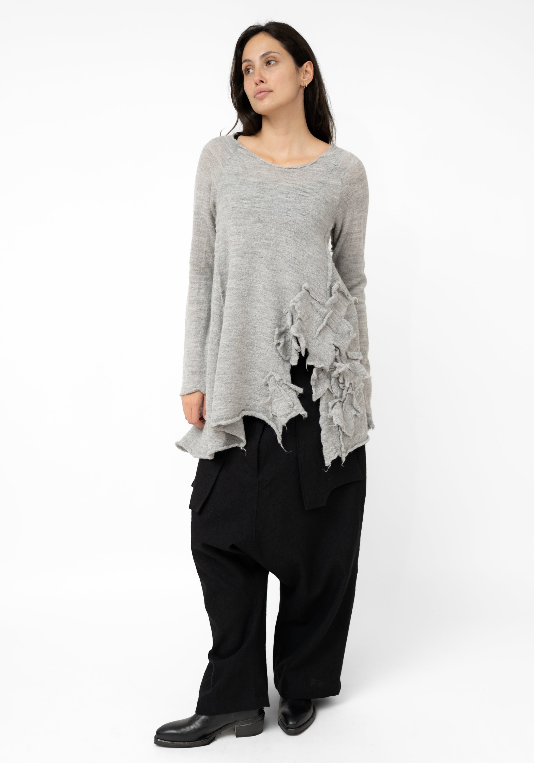 Distressed Patch Detail Knit Wool Pullover