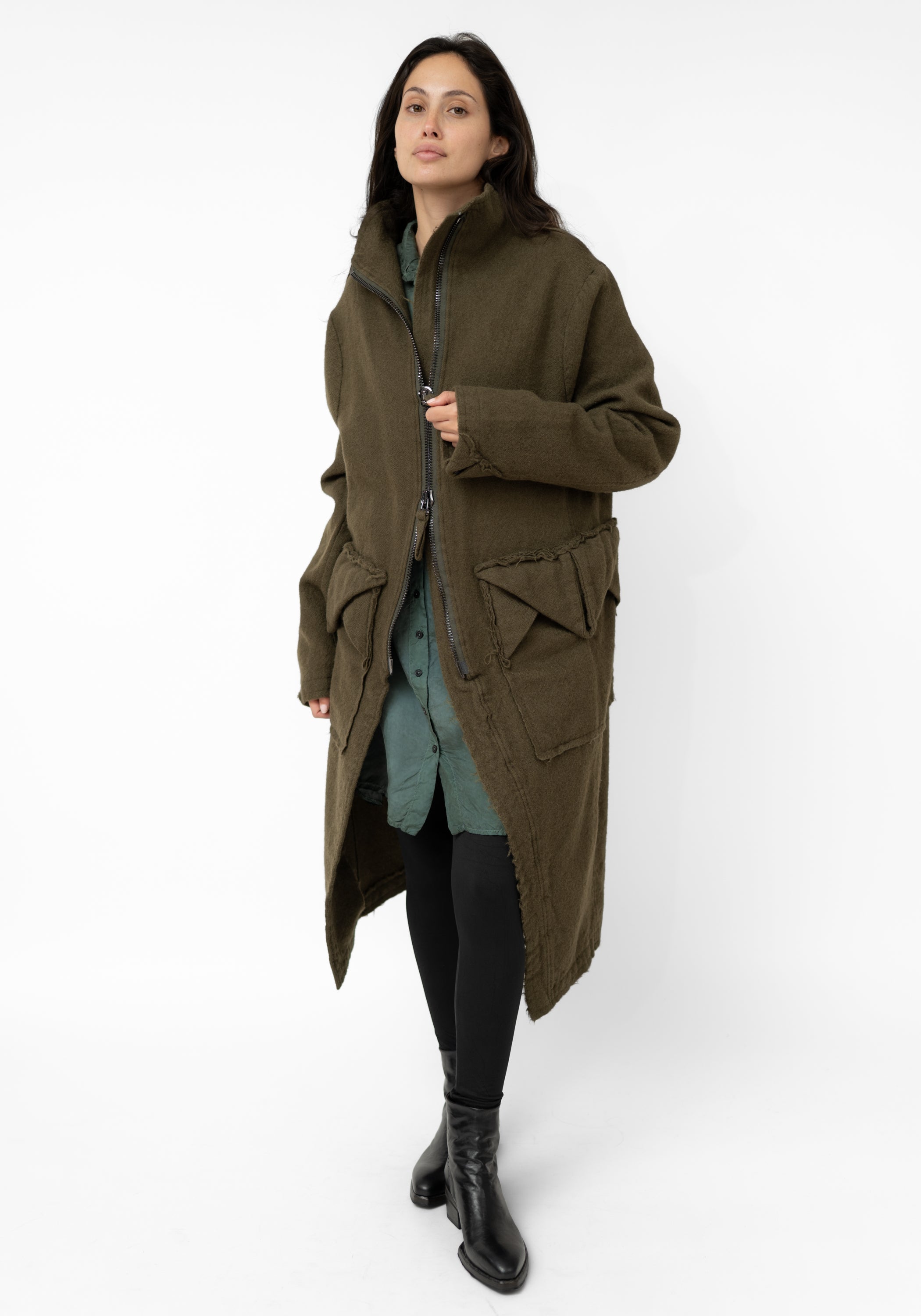 Distressed Details Wool Maxi Jacket
