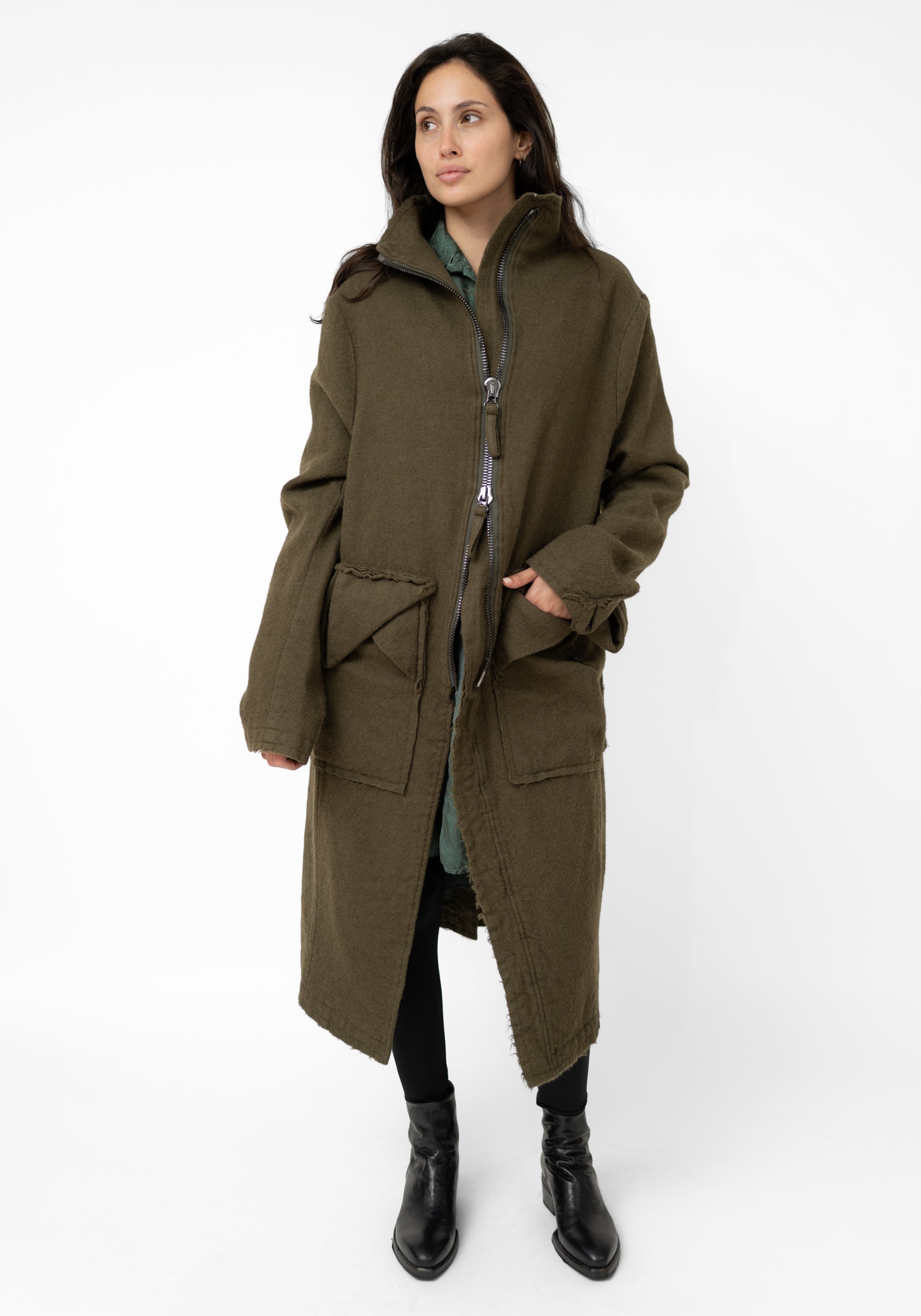 Distressed Details Wool Maxi Jacket