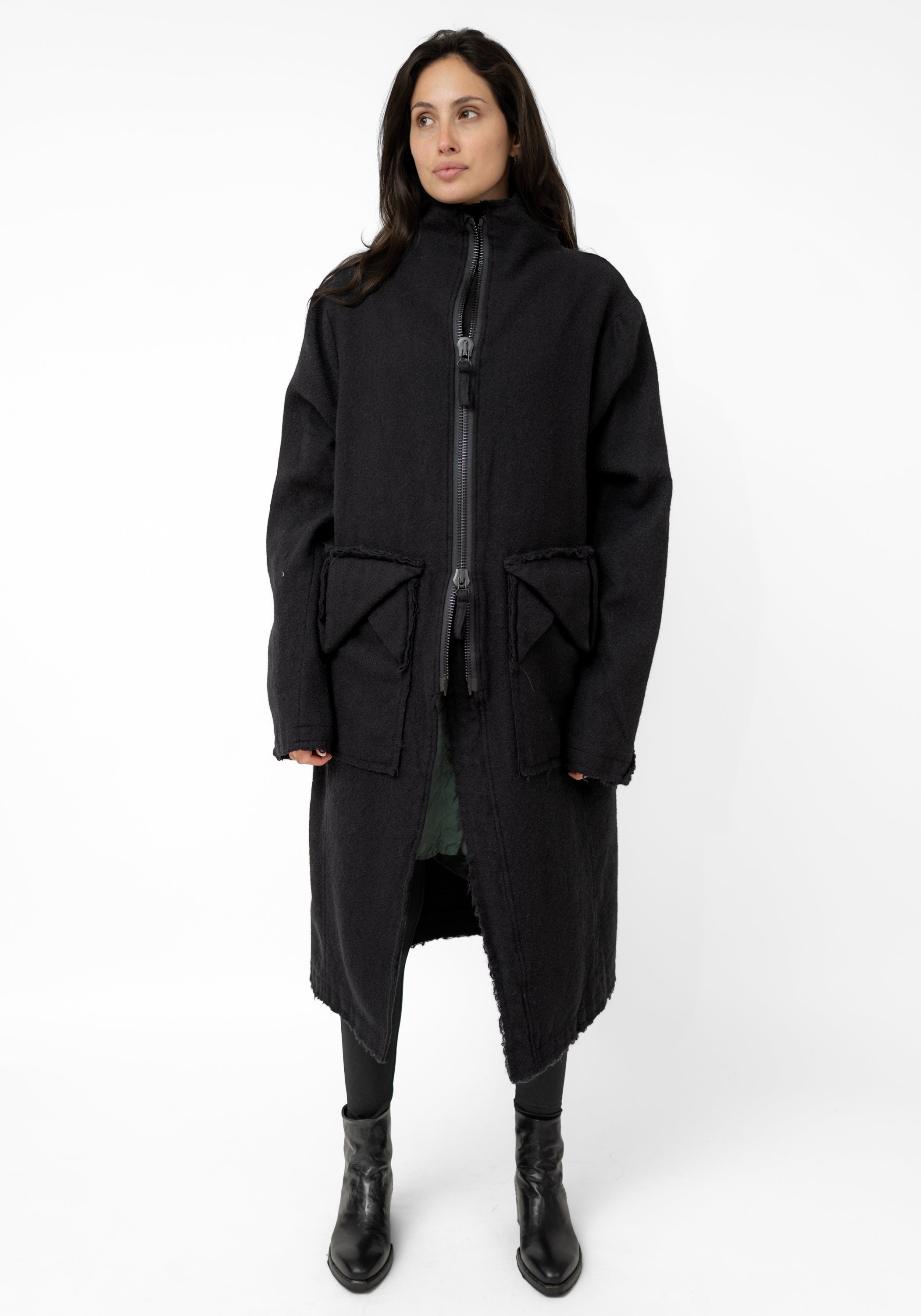 Distressed Details Wool Maxi Jacket