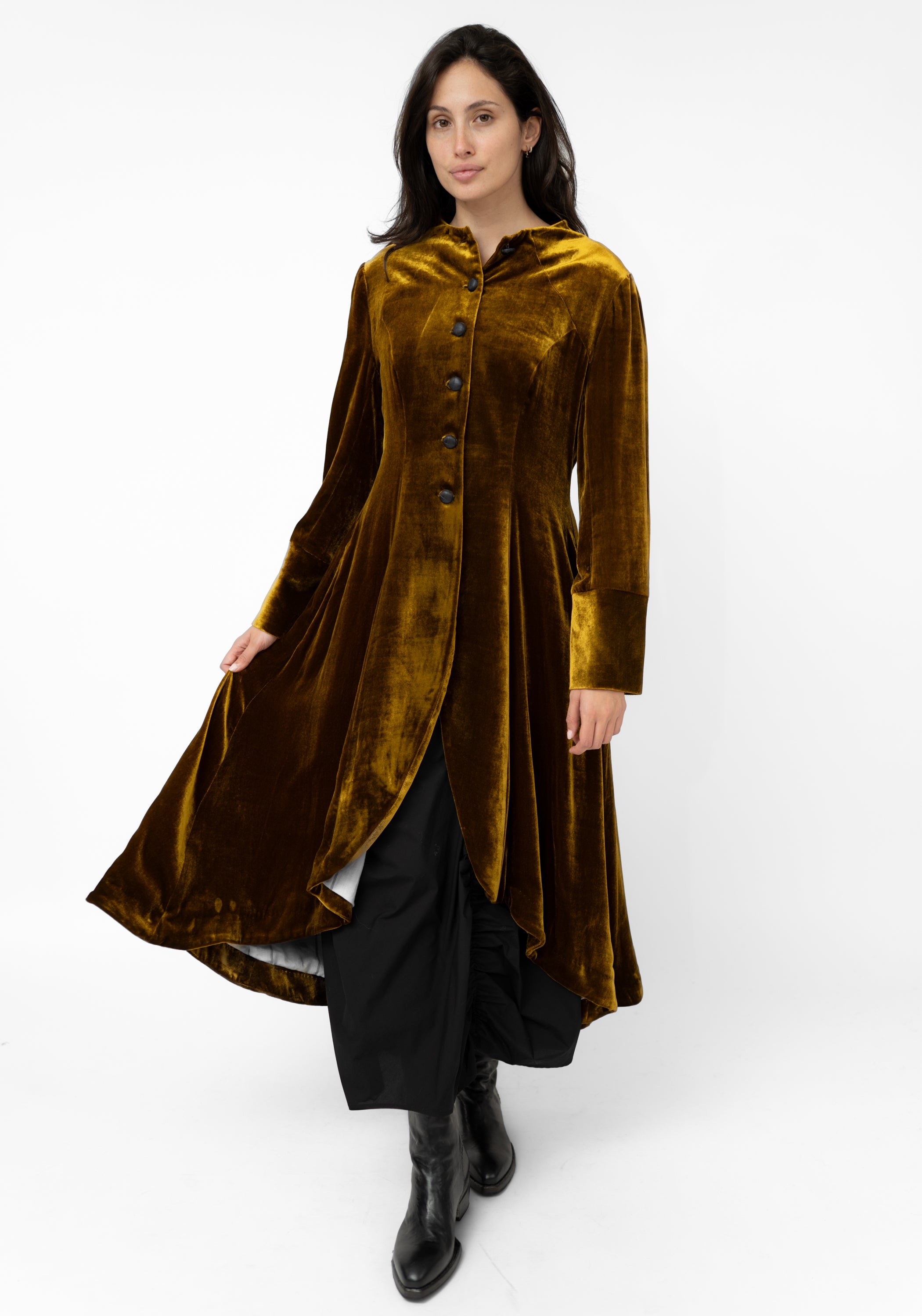 Gold Silk Velvet Tuxedo Maxi Coat