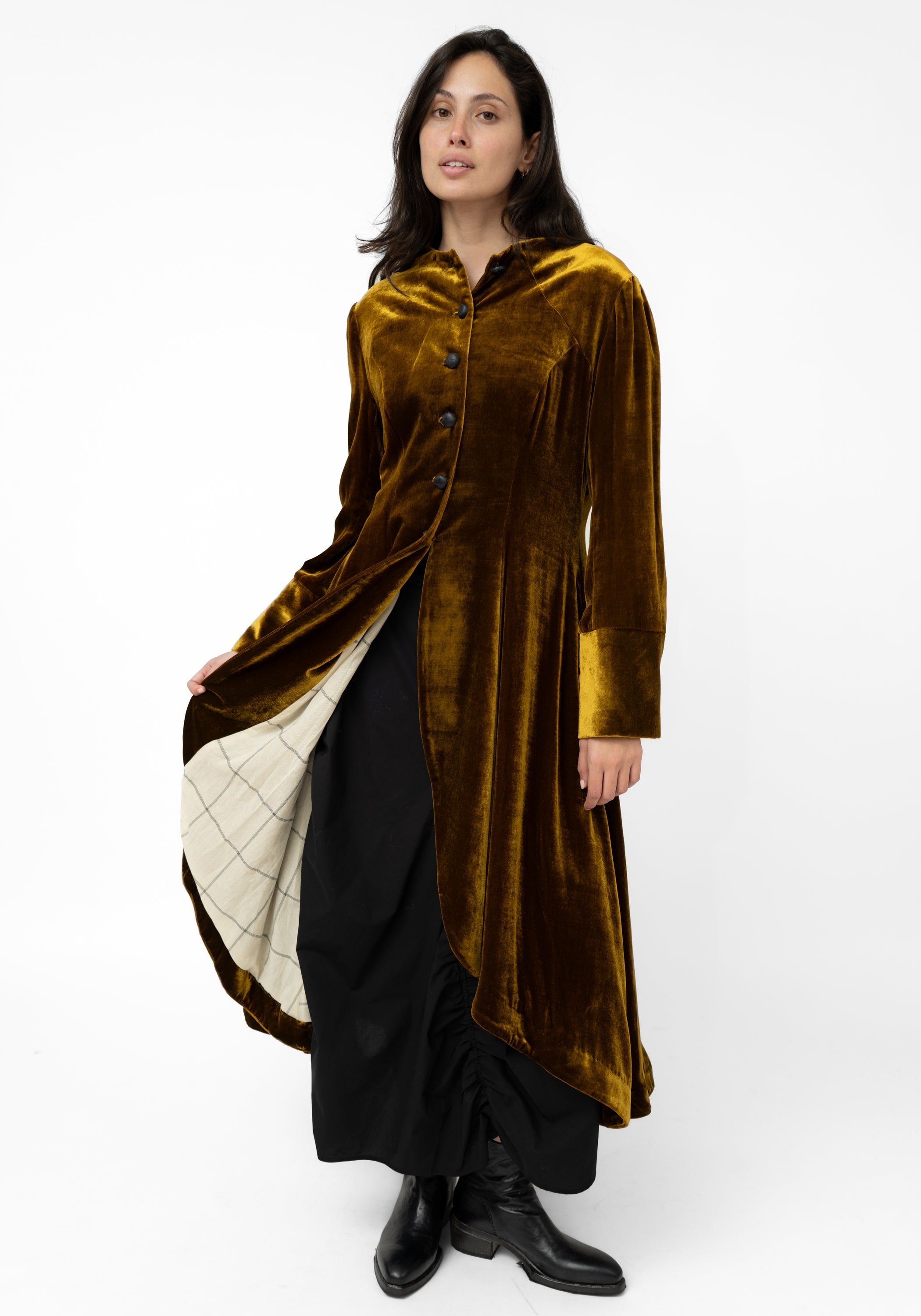 Gold Silk Velvet Tuxedo Maxi Coat
