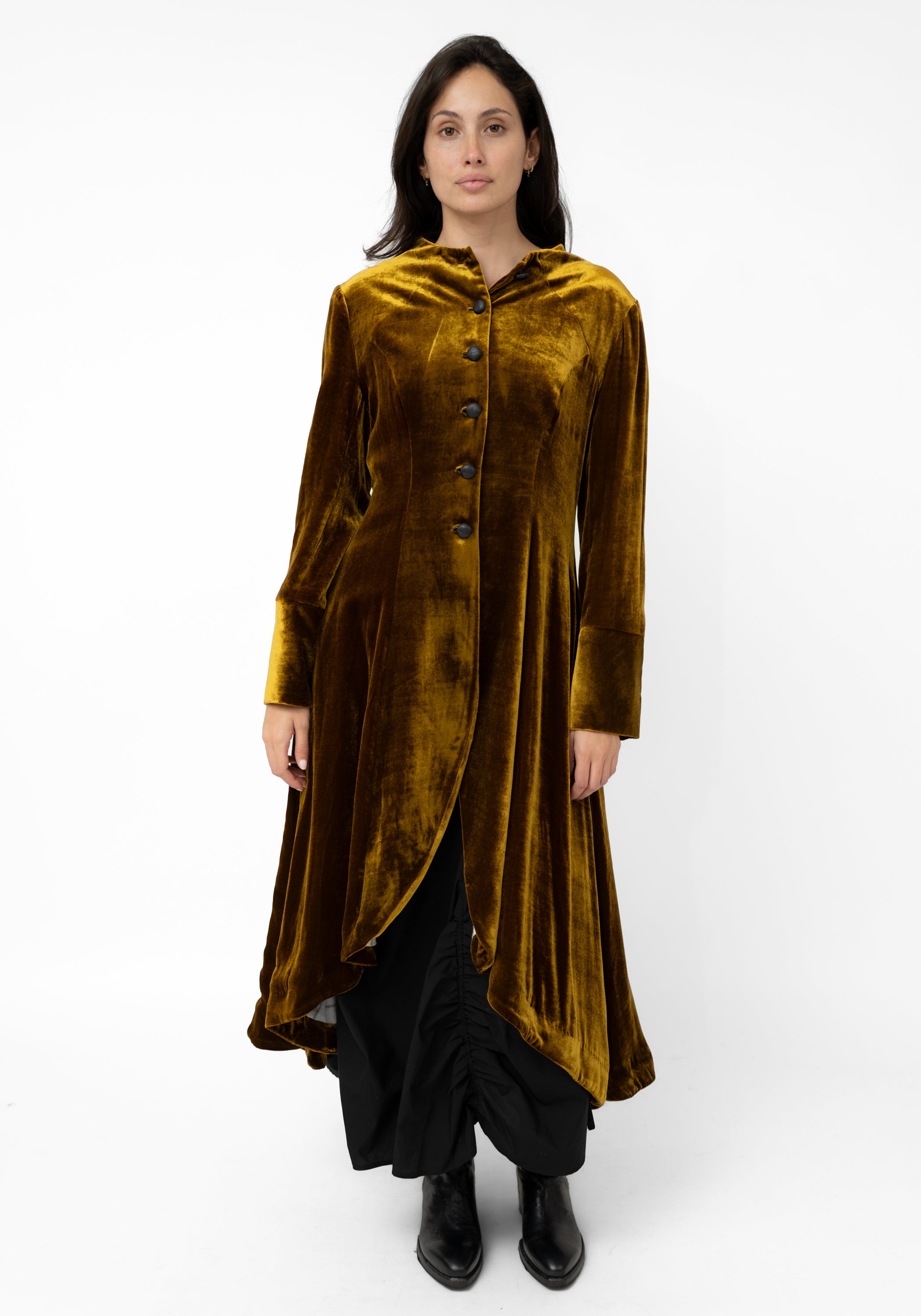 Gold Silk Velvet Tuxedo Maxi Coat