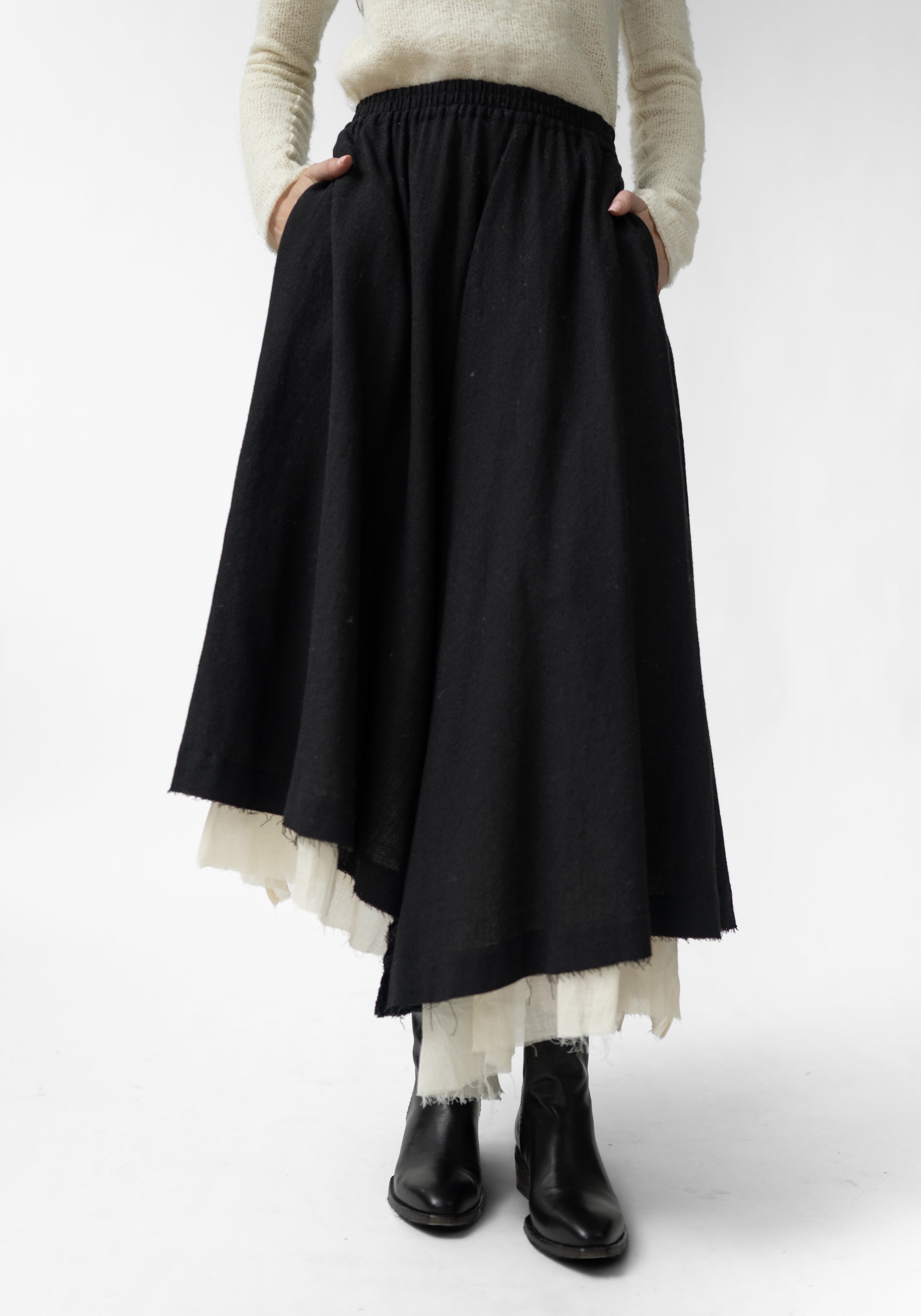 Asymmetric Layered Wool and Cotton Maxi Skirt