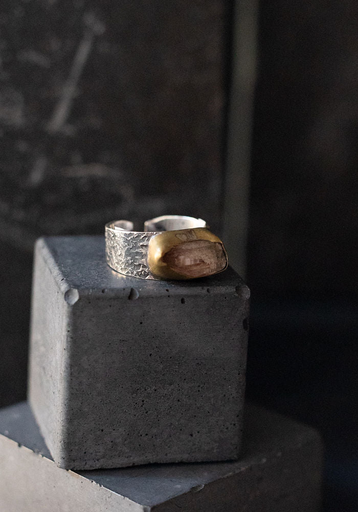 Adjustable Mixed Metal Bezeled Herkimer Diamond Ring