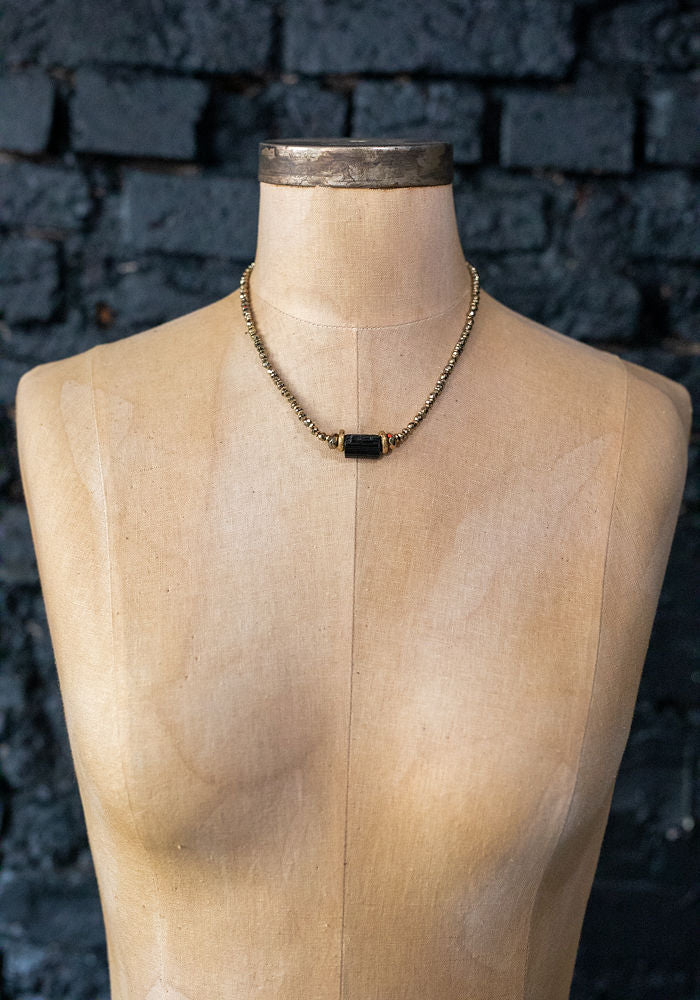 Brass, Pyrite, and Black Tourmaline Beaded Necklace