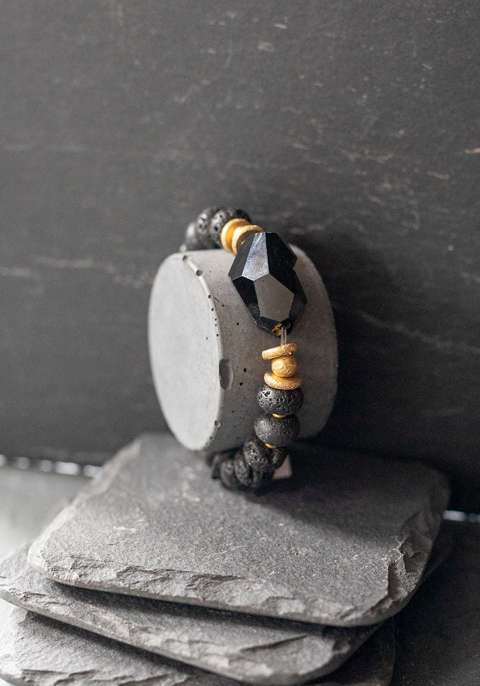 Black Agate, Basalt and Brass Beaded Bracelet