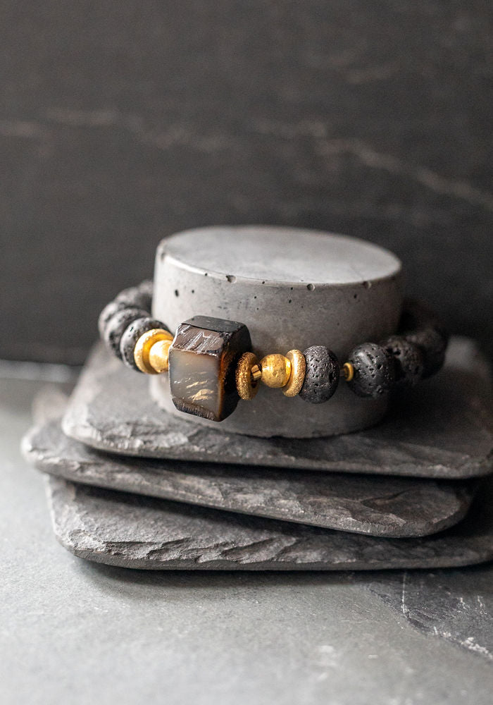 Black Agate, Basalt and Brass Beaded Bracelet